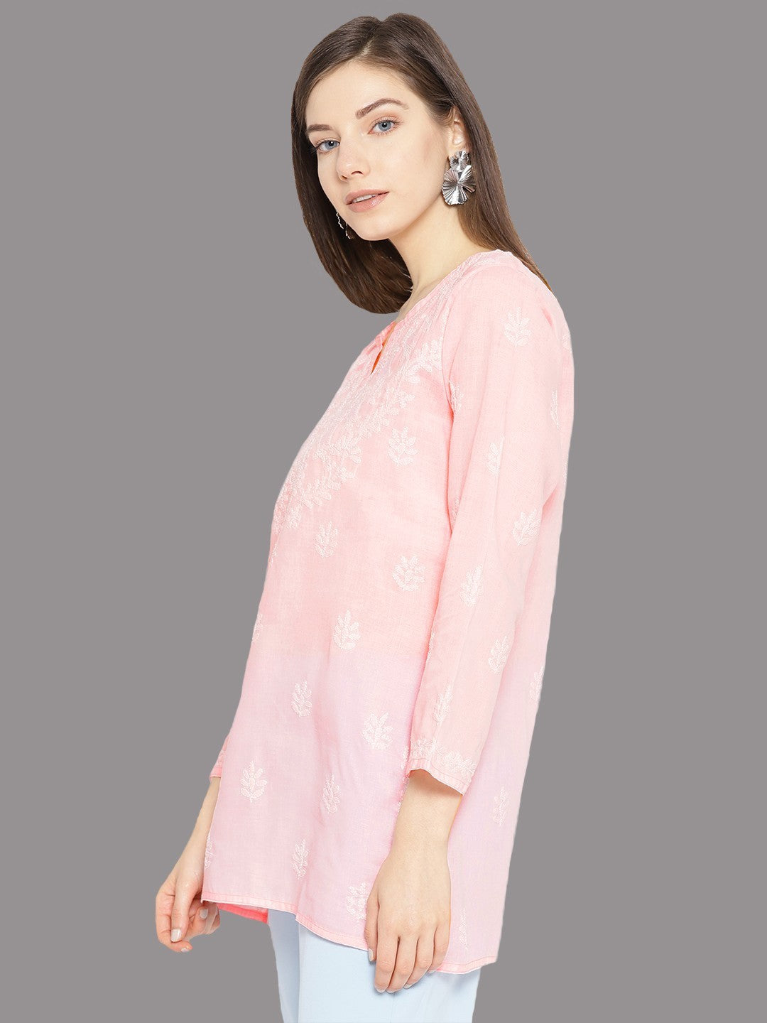 Ada Hand Embroidered Pink Cotton Lucknowi Chikan Kurti A509493