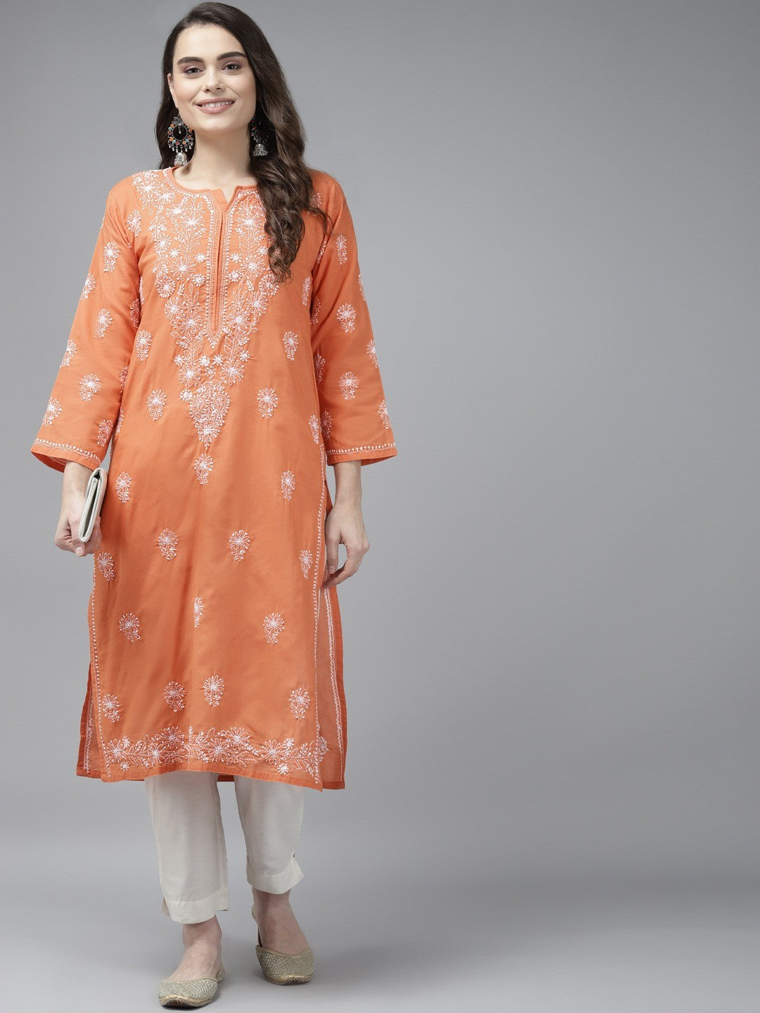 Ada Hand Embroidered Rust Cotton Lucknow Chikan Straight Kurta A353228