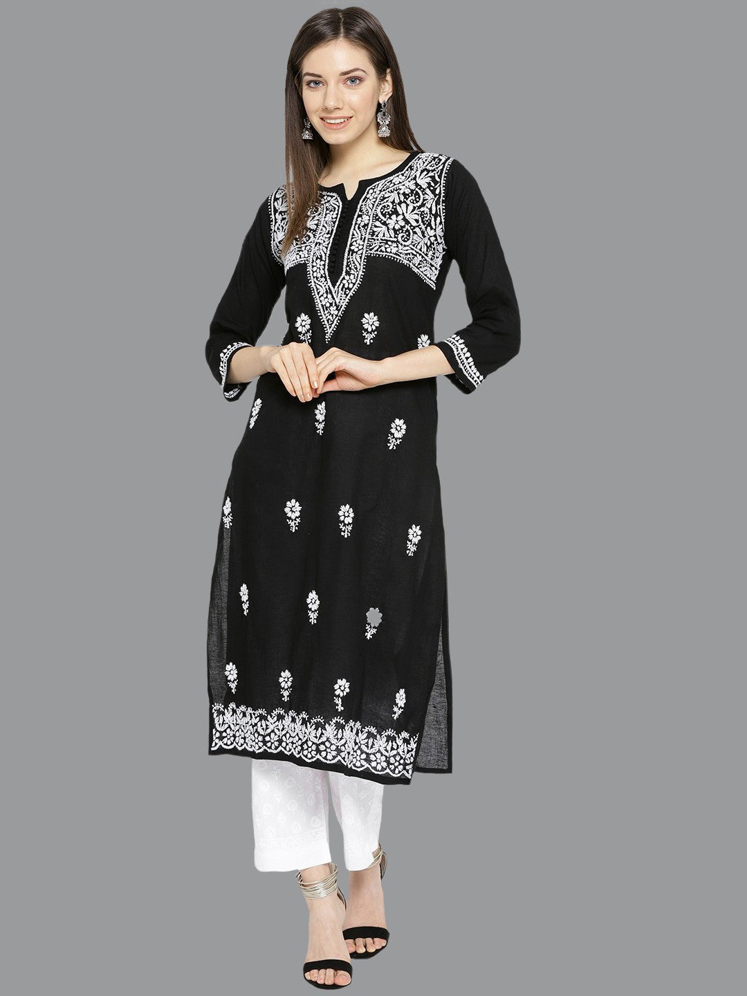 Ada Hand Embroidered Black Cotton Lucknow Chikankari Kurta with Palazzo Set A100016