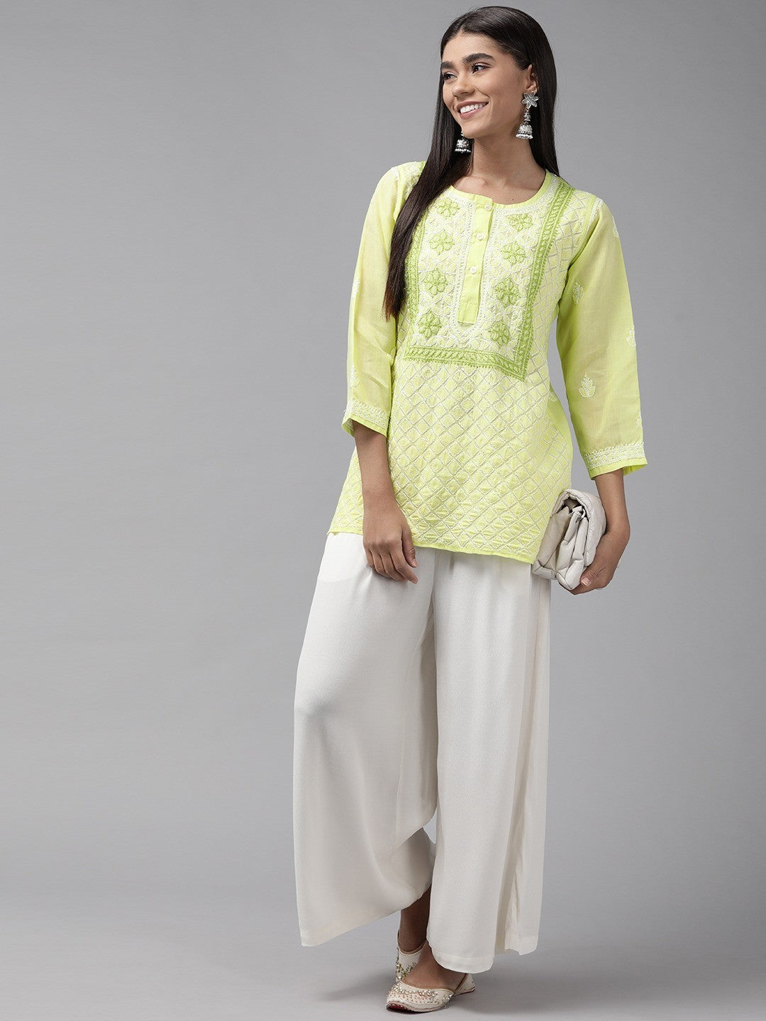 Ada Hand Embroidered Green Cotton Lucknowi Chikankari Straight Kurti A911247