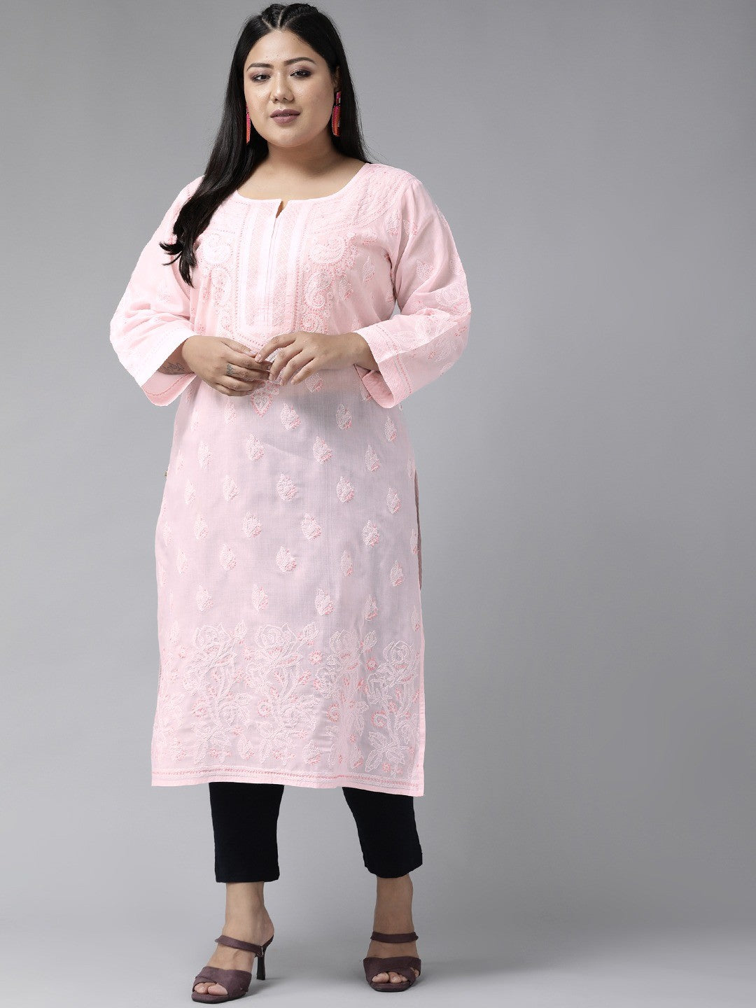 Ada Hand Embroidered Pink Cotton Lucknowi Chikankari Straight Kurta  A221041