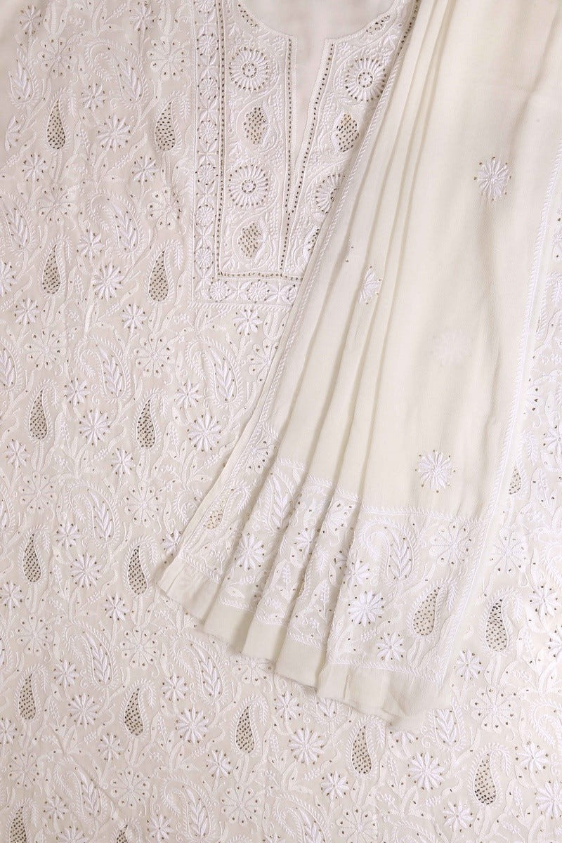 Ada Hand Embroidered White Pure Georgette Lucknowi Chikan Unstitched Kurta Dupatta Set With Muqaish Work - A482567