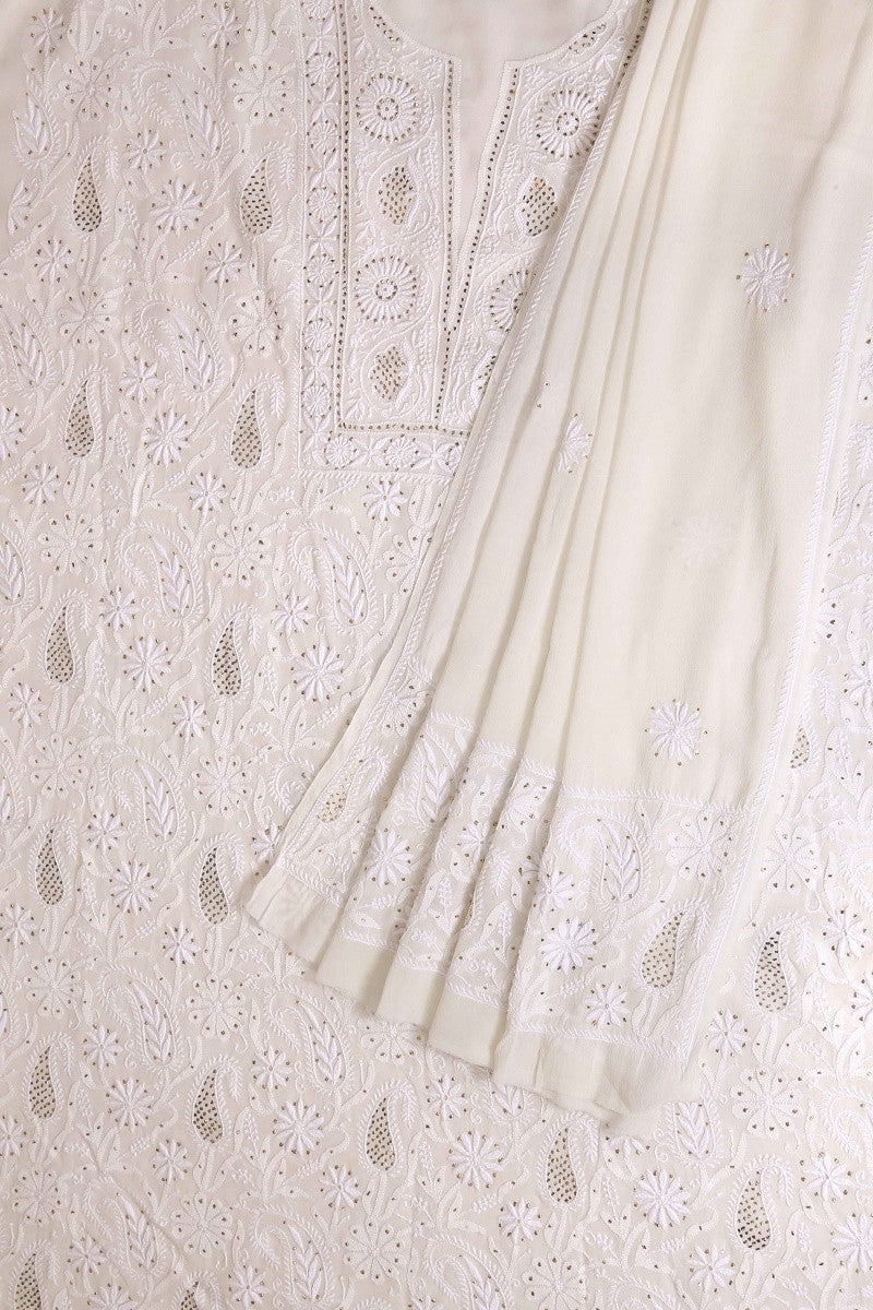 Ada Hand Embroidered White Pure Georgette Lucknowi Chikan Unstitched Kurta Dupatta Set With Muqaish Work - A482567