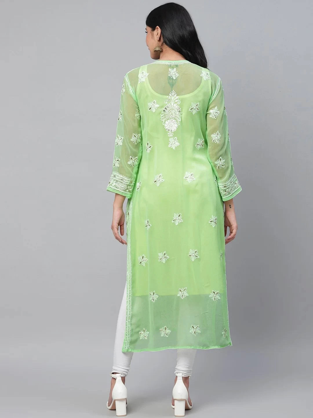 Ada Hand Embroidered Green Georgette Lucknowi Chikankari Straight Kurta/Slip With Gota Patti Work A411110