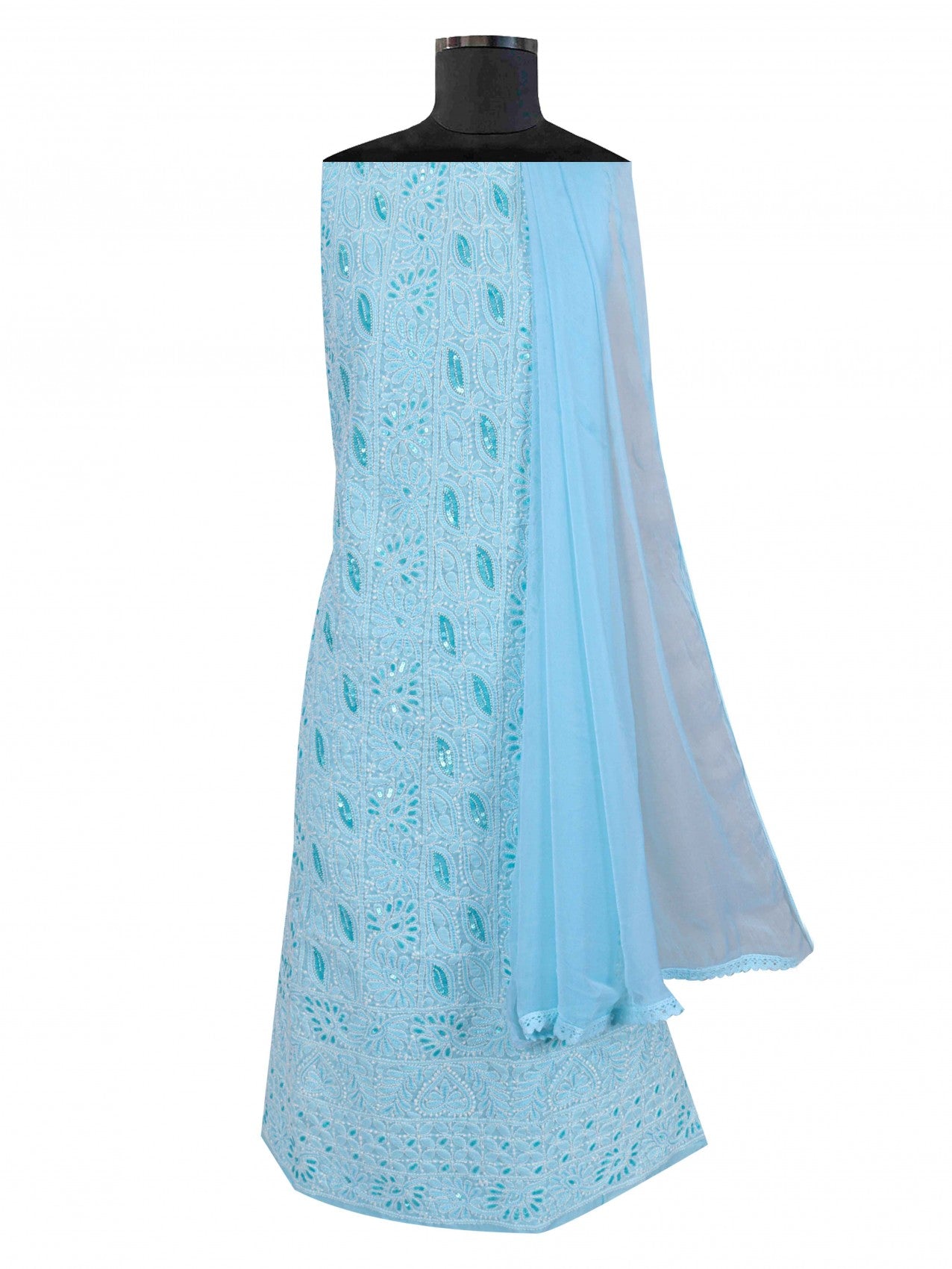 Ada Hand Embroidered Sky Blue Cotton Lucknowi Chikankari Unstitched Suit Piece With Sequinned Work 01A197851
