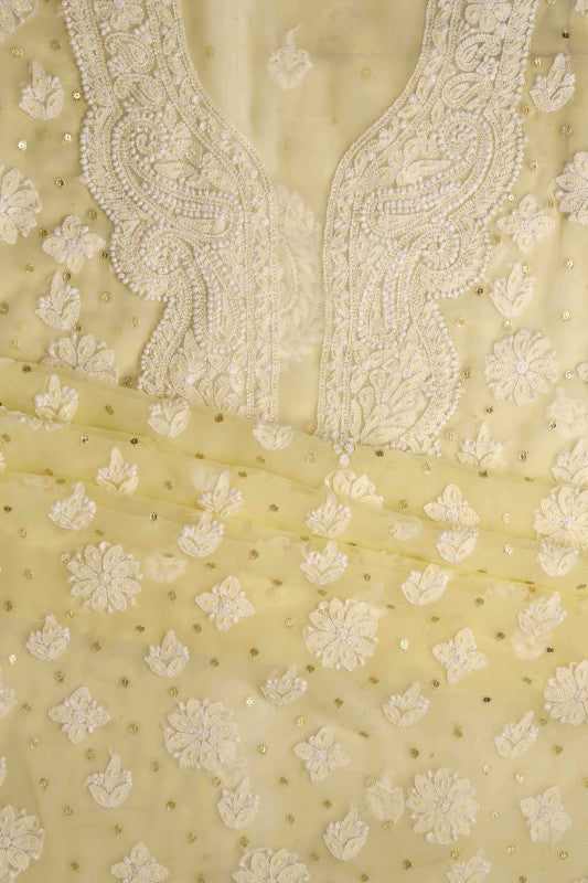 Ada Hand Embroidered Fawn Georgette Lucknowi Chikan Unstitched Suit Piece with Pearl & Sequinned Work A620849