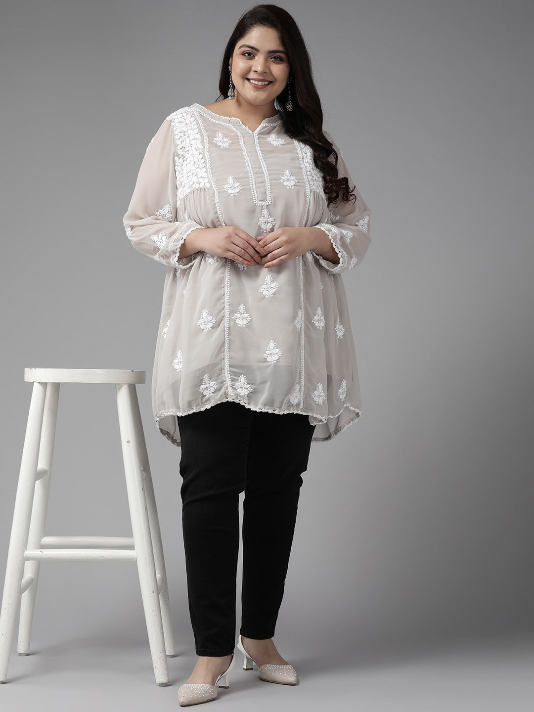 Ada Hand Embroidered Light Grey Georgette Lucknowi Chikankari Flared Kurti With Slip A911256
