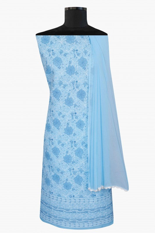 Ada Hand Embroidered Blue Cotton Lucknowi Chikan Unstitched Suit Piece-A100303