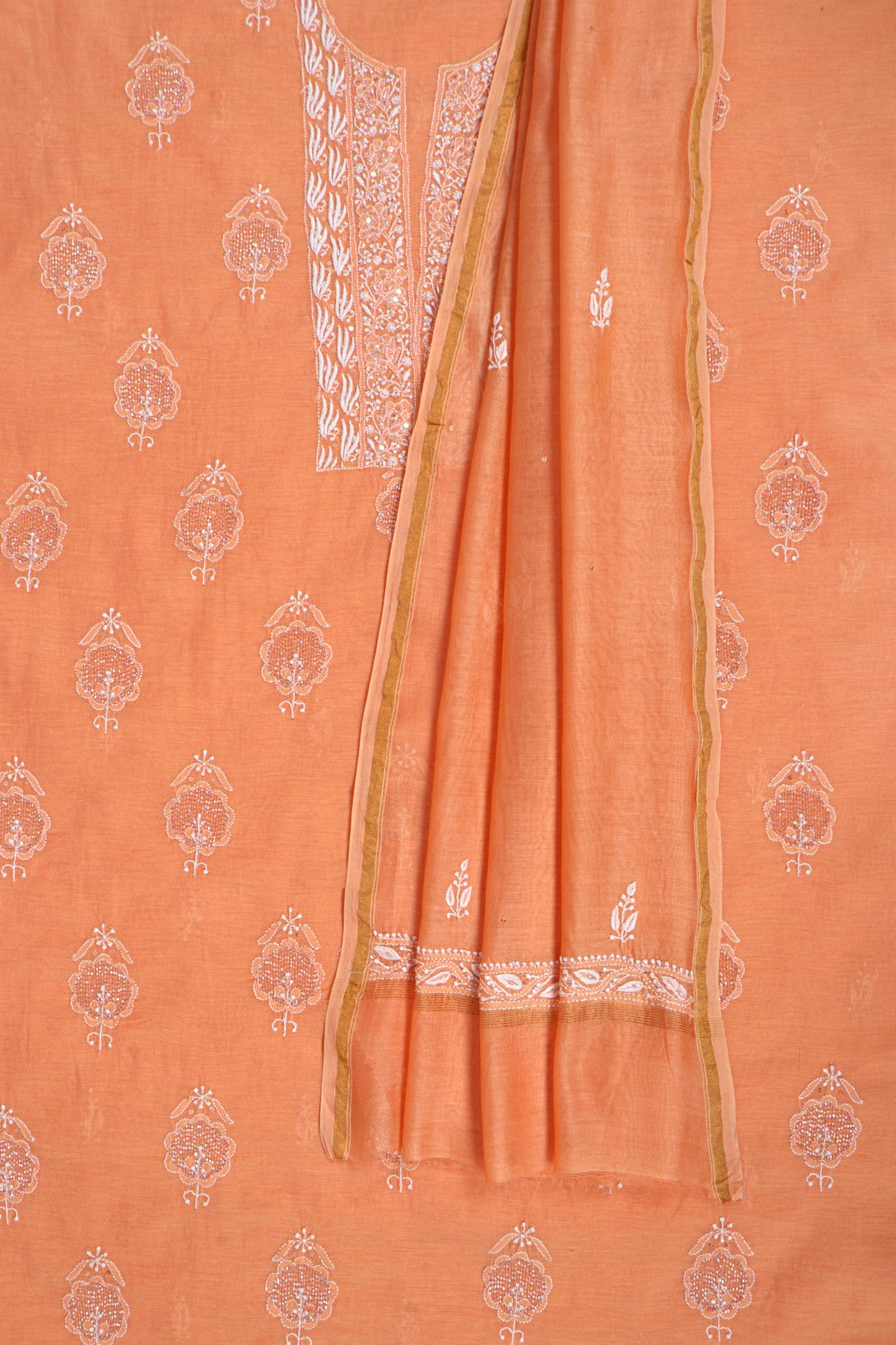 Ada Hand Embroidered Peach Chanderi Lucknowi Chikankari Unstitched Kurta Dupatta Set With Cutdana Work 01A196838