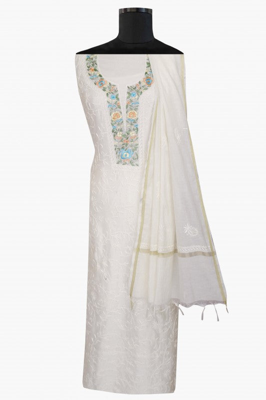 Ada Hand Embroidered Off White Chanderi Lucknowi Chikan Unstitched Kurta Dupatta–A610362