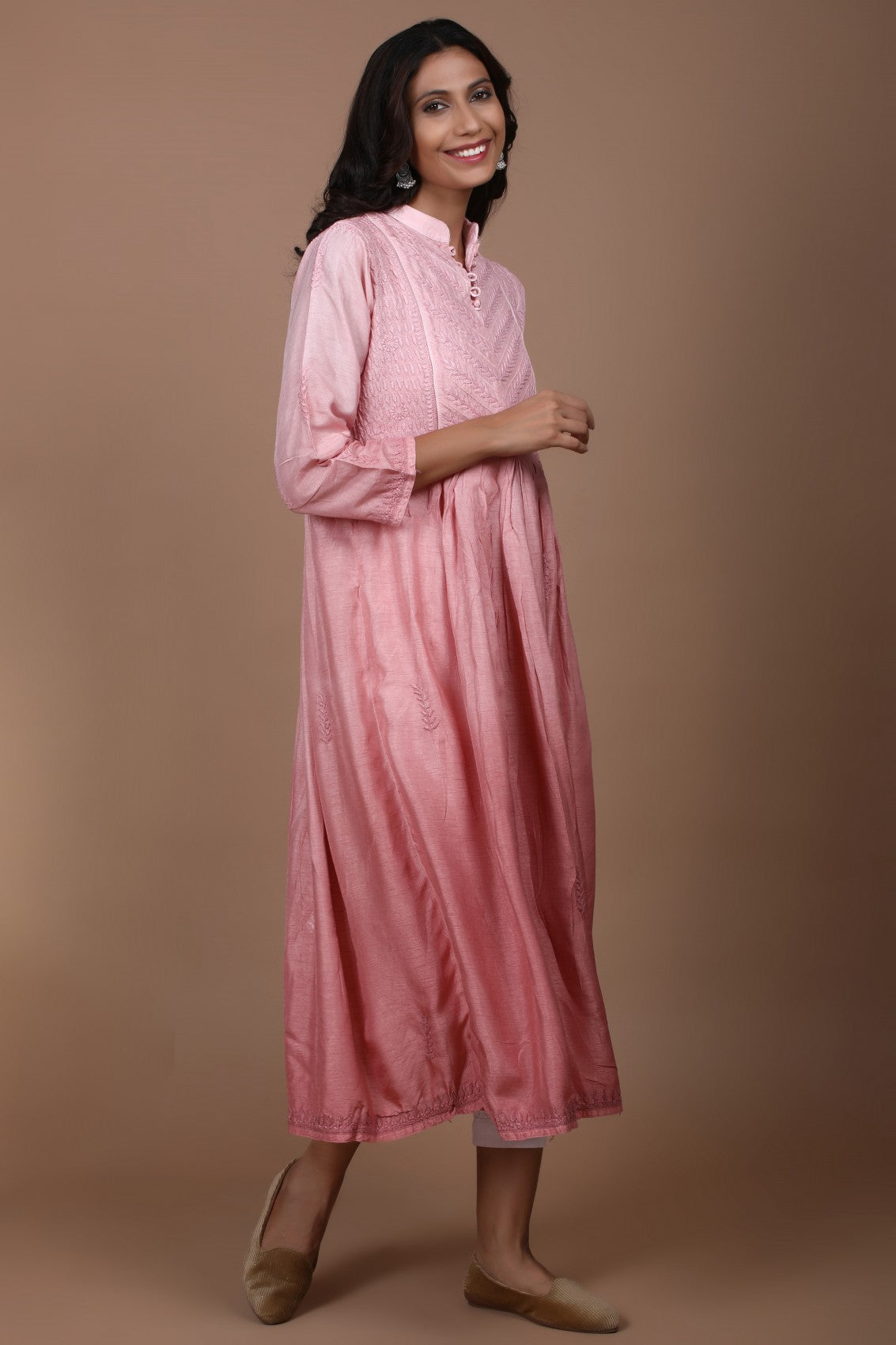 Ada Hand Embroidered Dusty Peach Chanderi Lucknowi Chikankari A-Line Kurta 01A278816