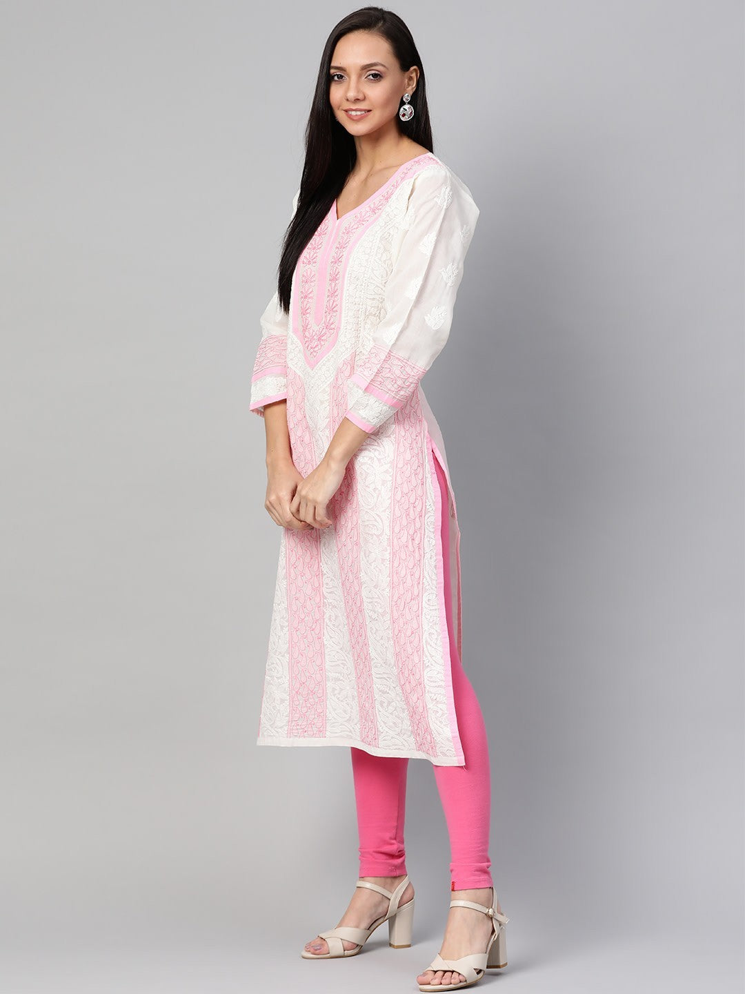 Ada Hand Embroidered White Cotton Lucknow Chikan Straight Kurta A273467