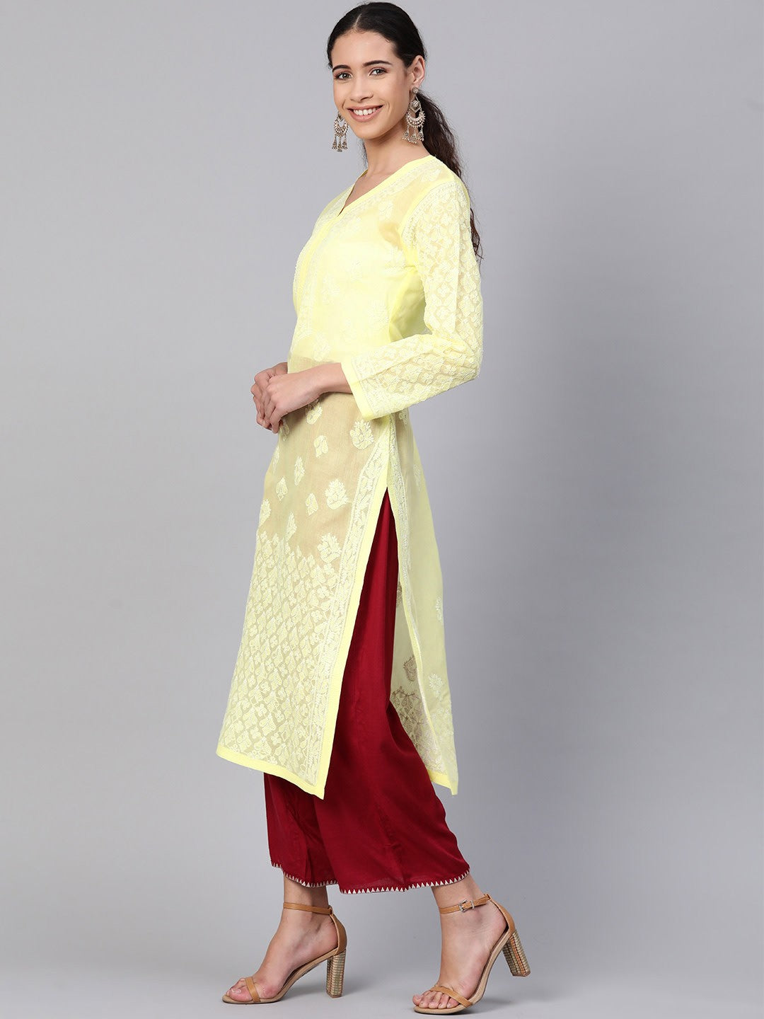 Ada Hand Embroidered Lemon Cotton Lucknow Chikankari Straight Kurta A100379