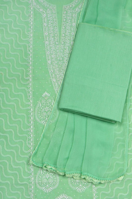 Ada Hand Embroidered Green Chanderi Lucknowi Chikan Unstitched Suit Piece A594933