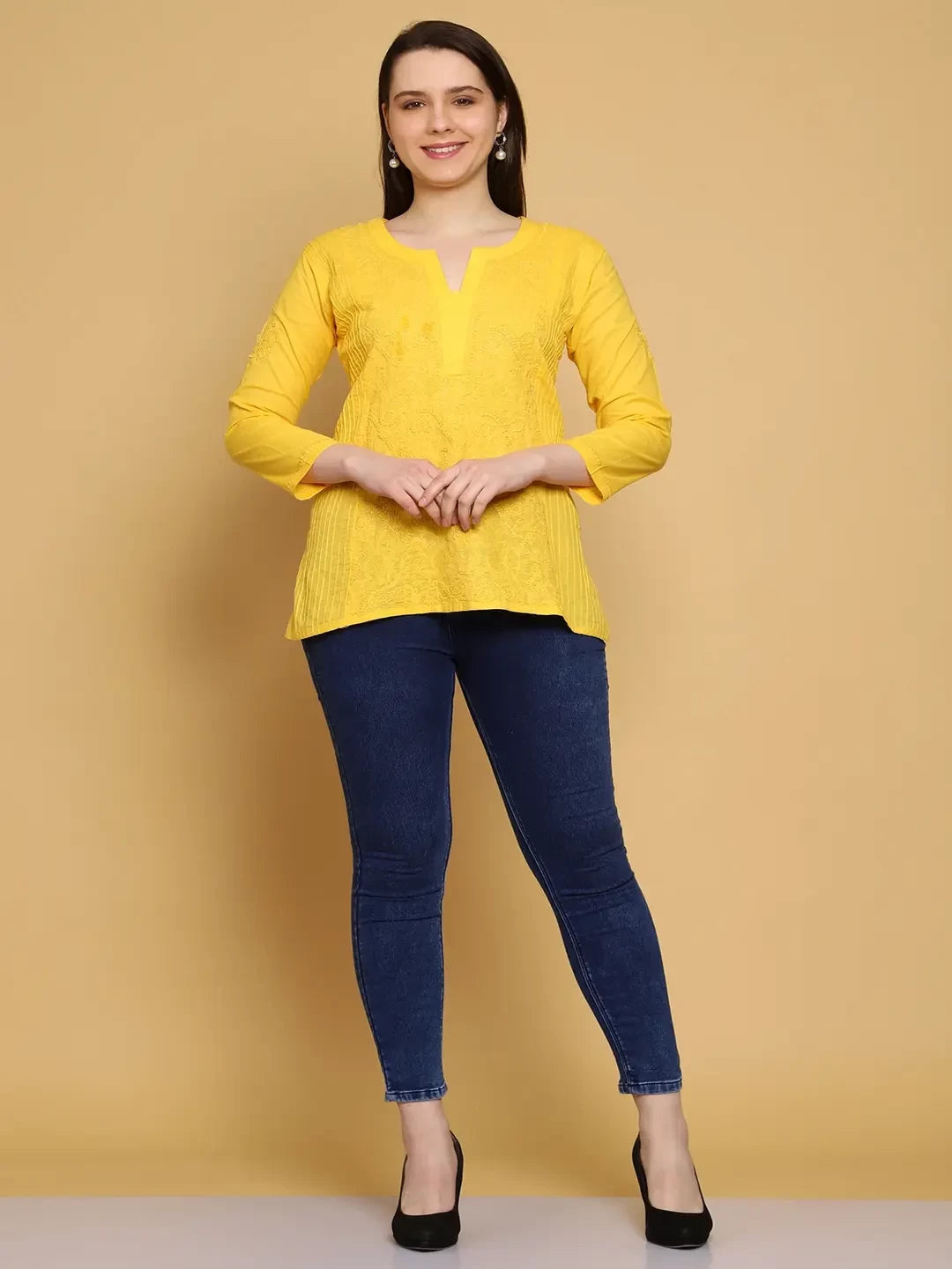 Ada Hand Embroidered Yellow Cotton Lucknowi Chikankari Straight Kurti A911309