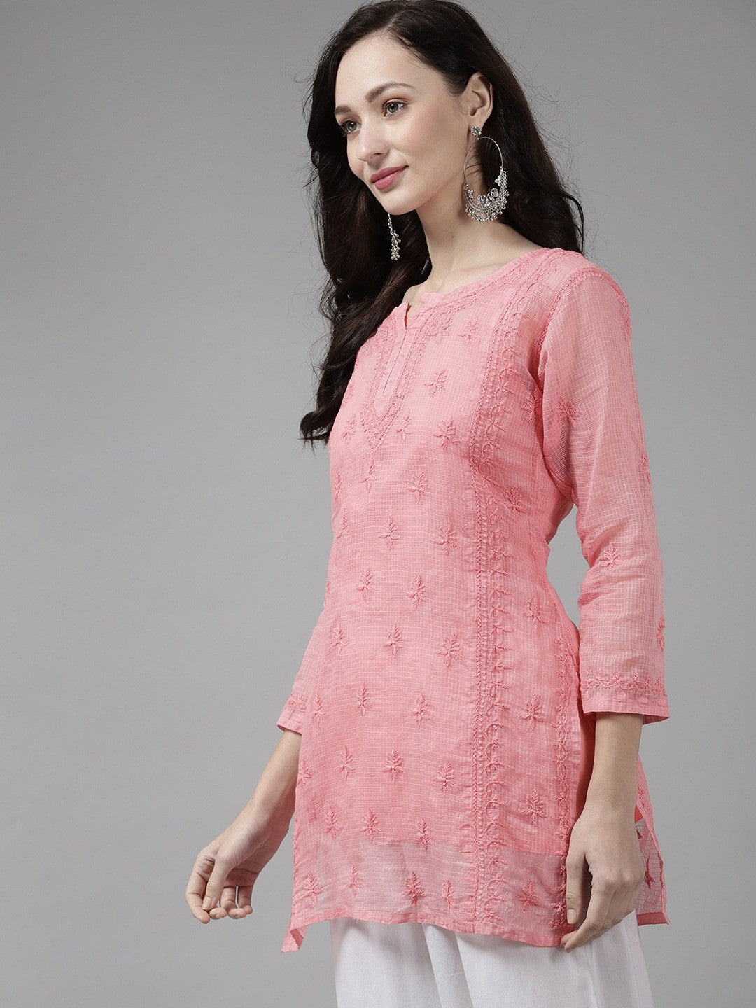 Ada Hand Embroidered Peach Kota Lucknow Chikan Kurti With Slip-A911155