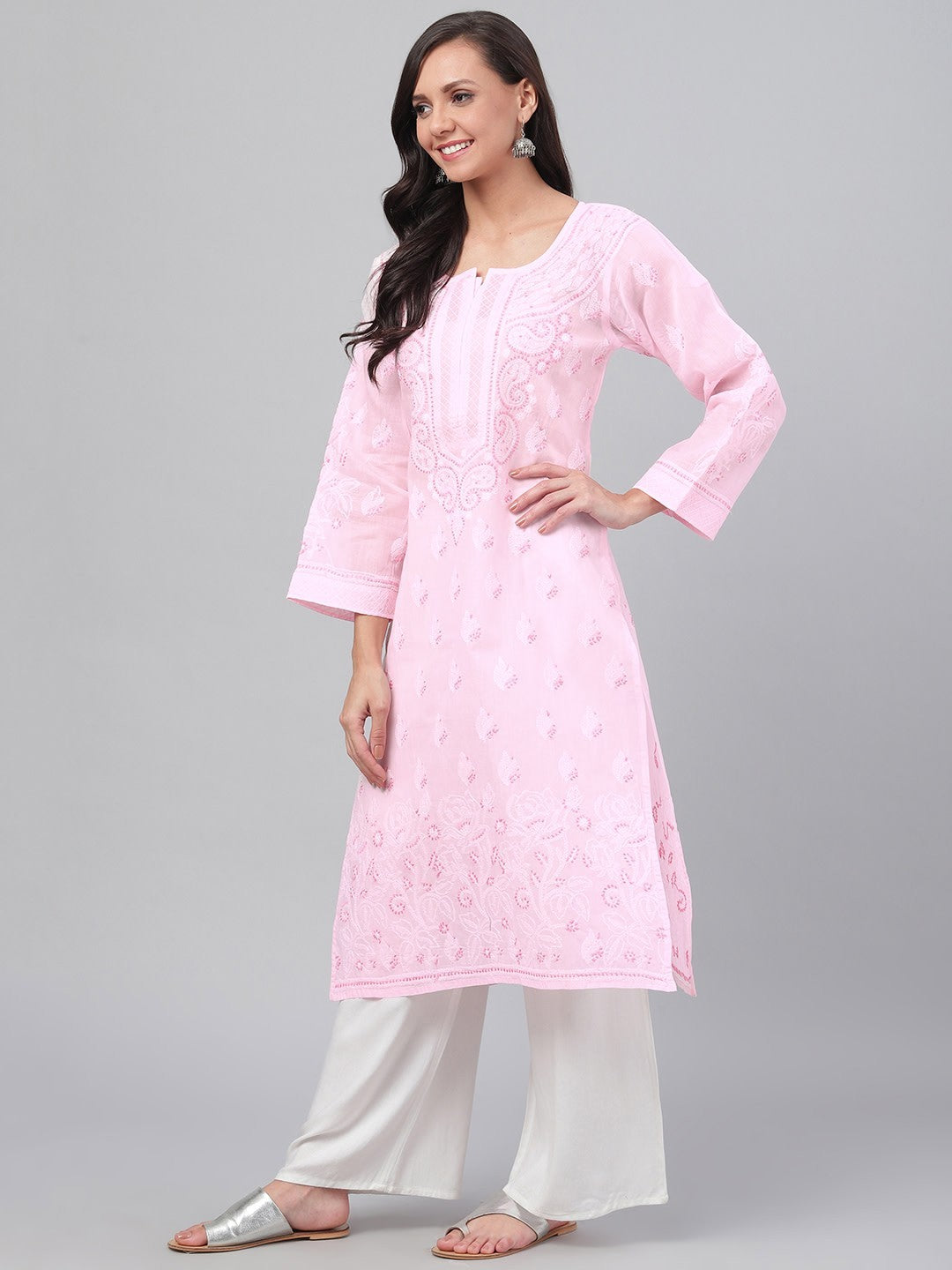 Ada Hand Embroidered Pink Cotton Lucknowi Chikankari Straight Kurta  A221041