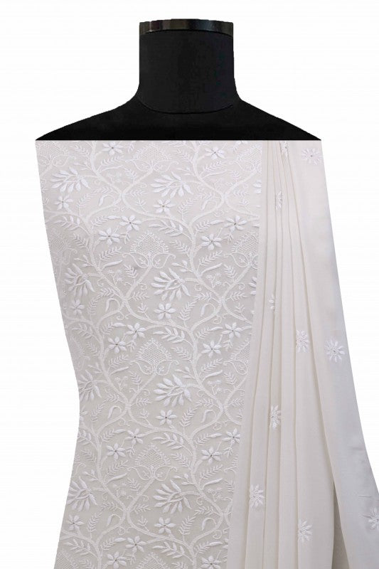 Ada Hand Embroidered White Pure Georgette Lucknowi Chikan Unstitched Kurta Dupatta Set- A511809