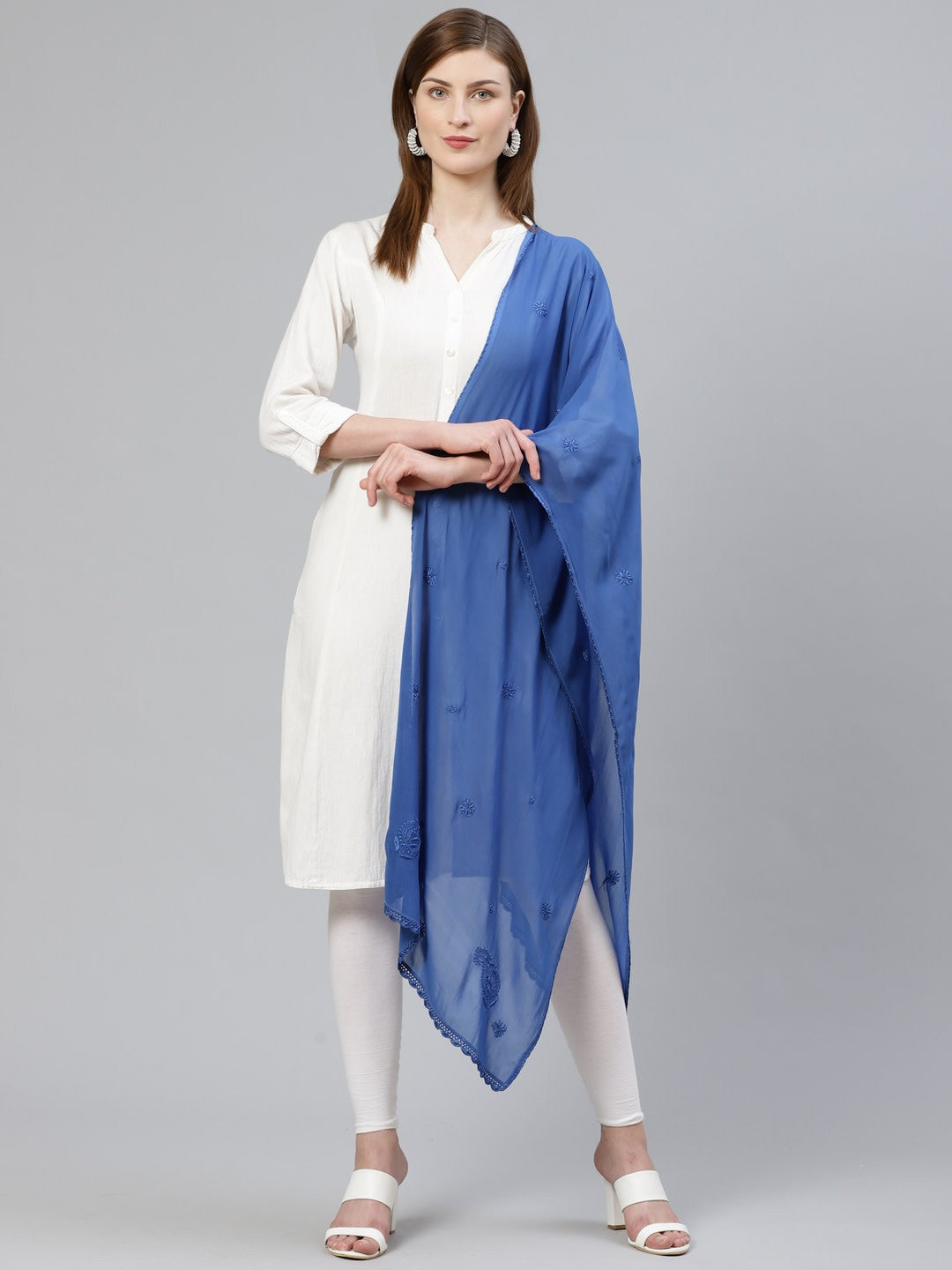 Ada Hand Embroidered Blue Georgette Lucknowi Chikankari Dupatta A100451