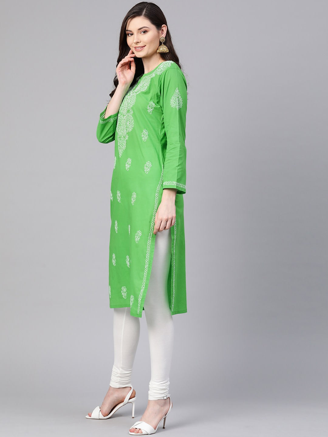 Ada Hand Embroidered Green Pure Cambric Cotton Lucknowi Chikankari Straight Kurta A100350