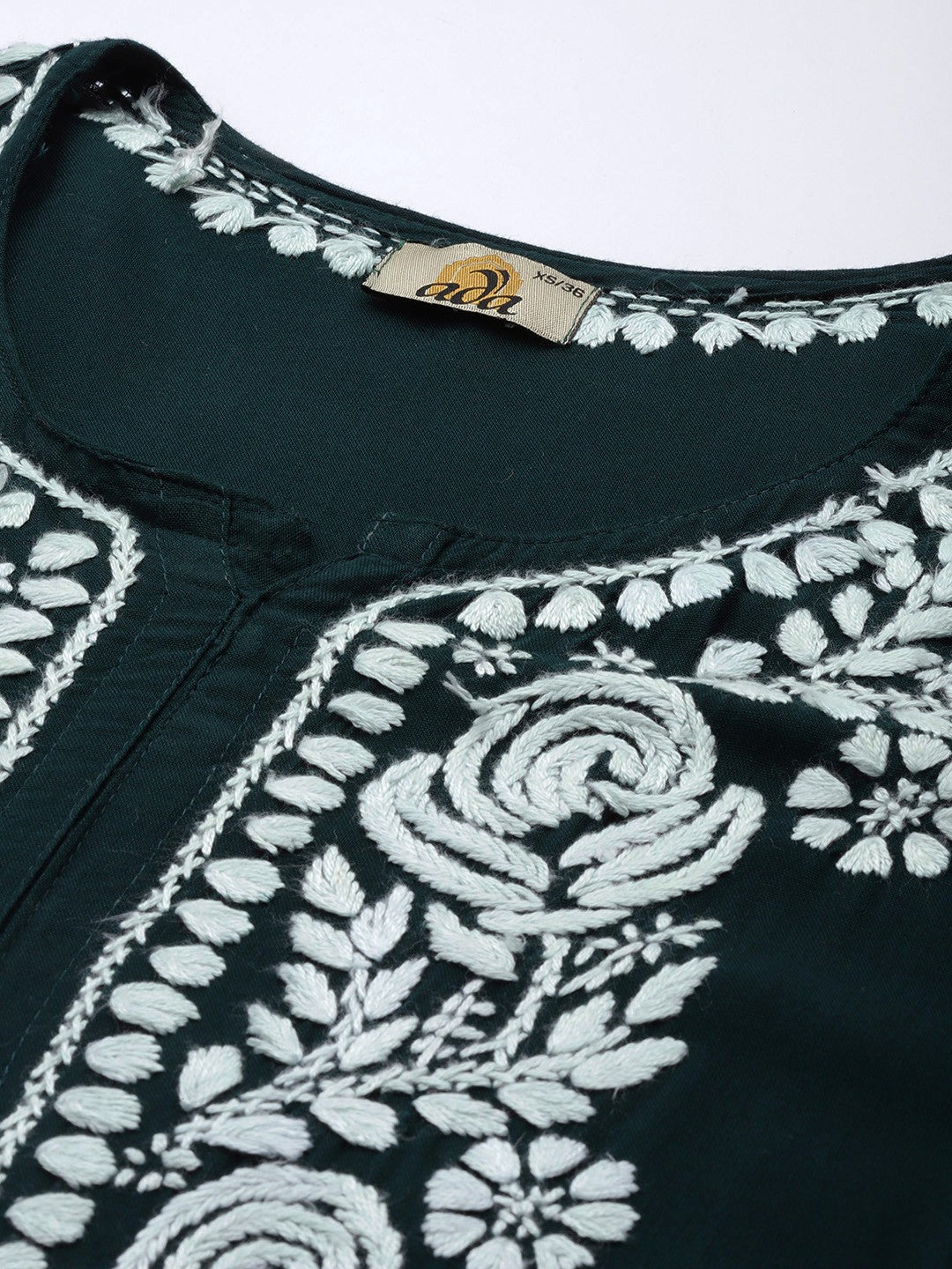 Ada Hand Embroidered Bottle Green Rayon Lucknowi Chikankari Straight Kurta A411433