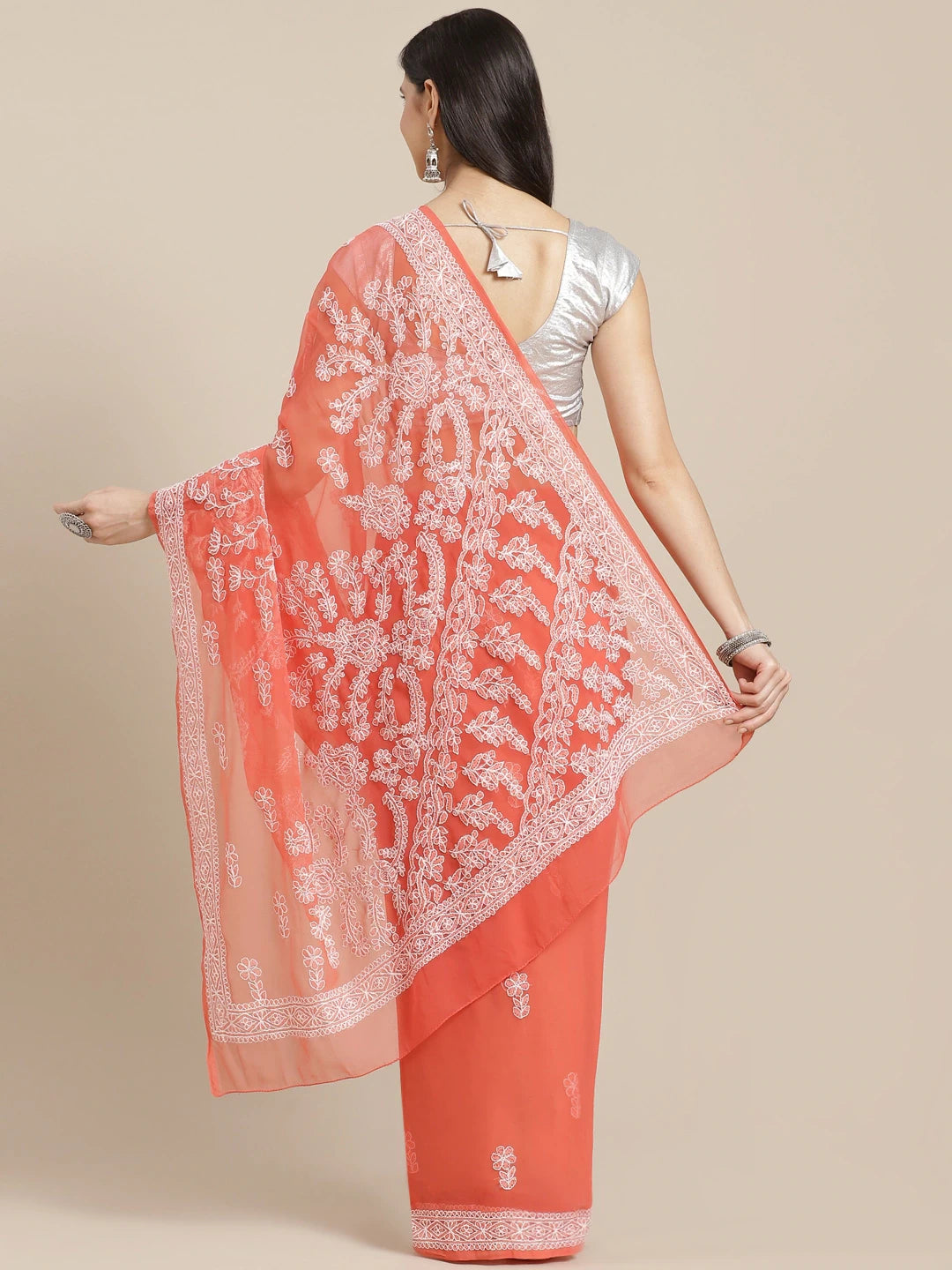 Ada Hand Embroidered Carrot Pink Georgette Lucknowi Chikan Saree With Blouse- A191620