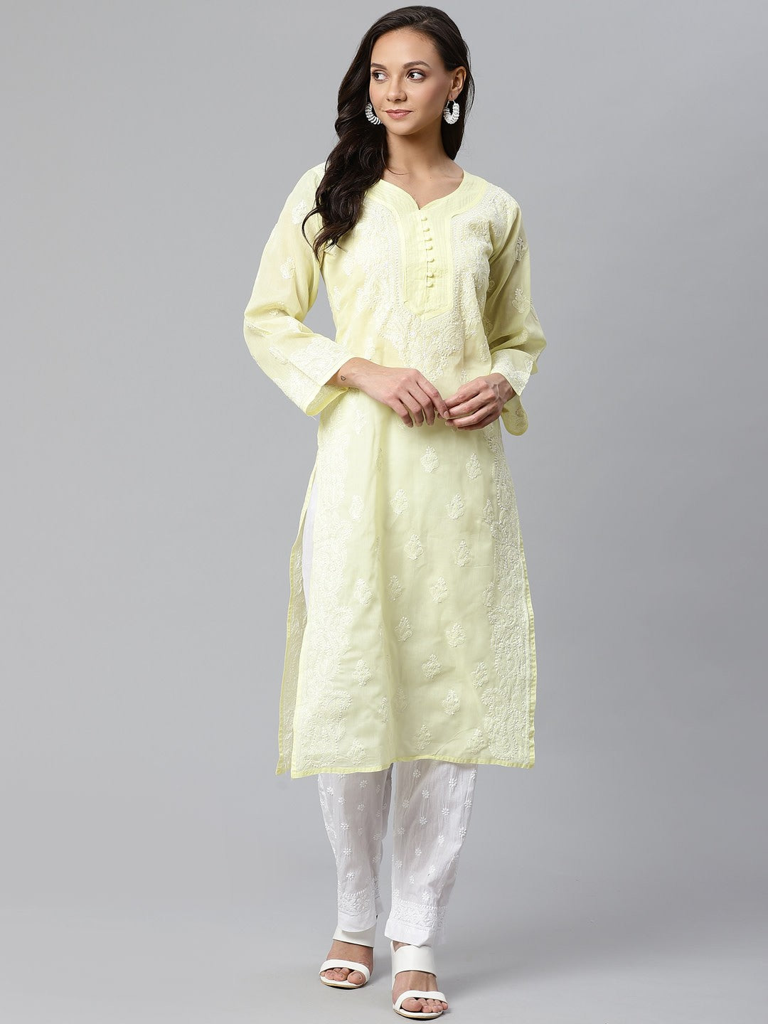 Ada Hand Embroidered Lemon Cotton Lucknowi Chikankari Kurta with Trouser Set A100396