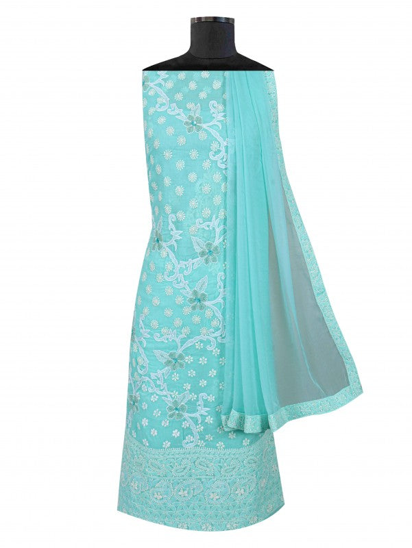 Ada Hand Embroidered Sea Green Cotton Lucknowi Chikankari Unstitched Suit Piece With Pearl Work 01A184312