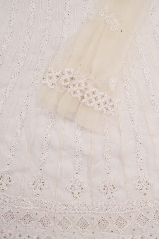Ada Hand Embroidered White Organza Lucknowi Chikankari Semi-Stitched Anarkali Kurta Dupatta Set With Muqaish Work 01A63789
