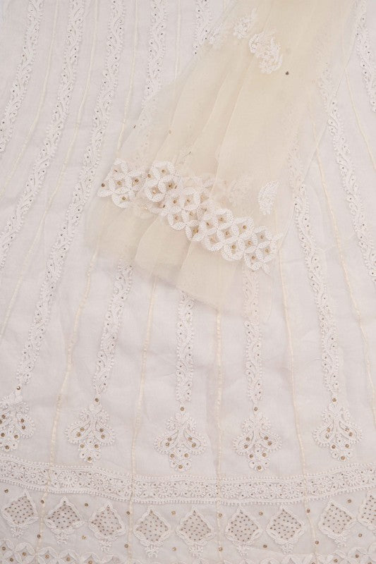 Ada Hand Embroidered White Organza Lucknowi Chikankari Semi-Stitched Anarkali Kurta Dupatta Set With Muqaish Work 01A63789