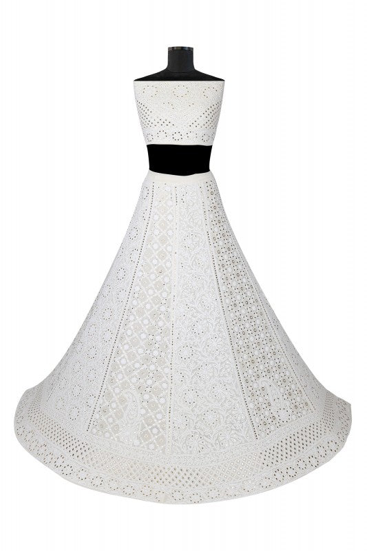 Ada Hand Embroidered White Pure Georgette Lucknowi Chikankari Lehenga Set with Muqaish Work A617820