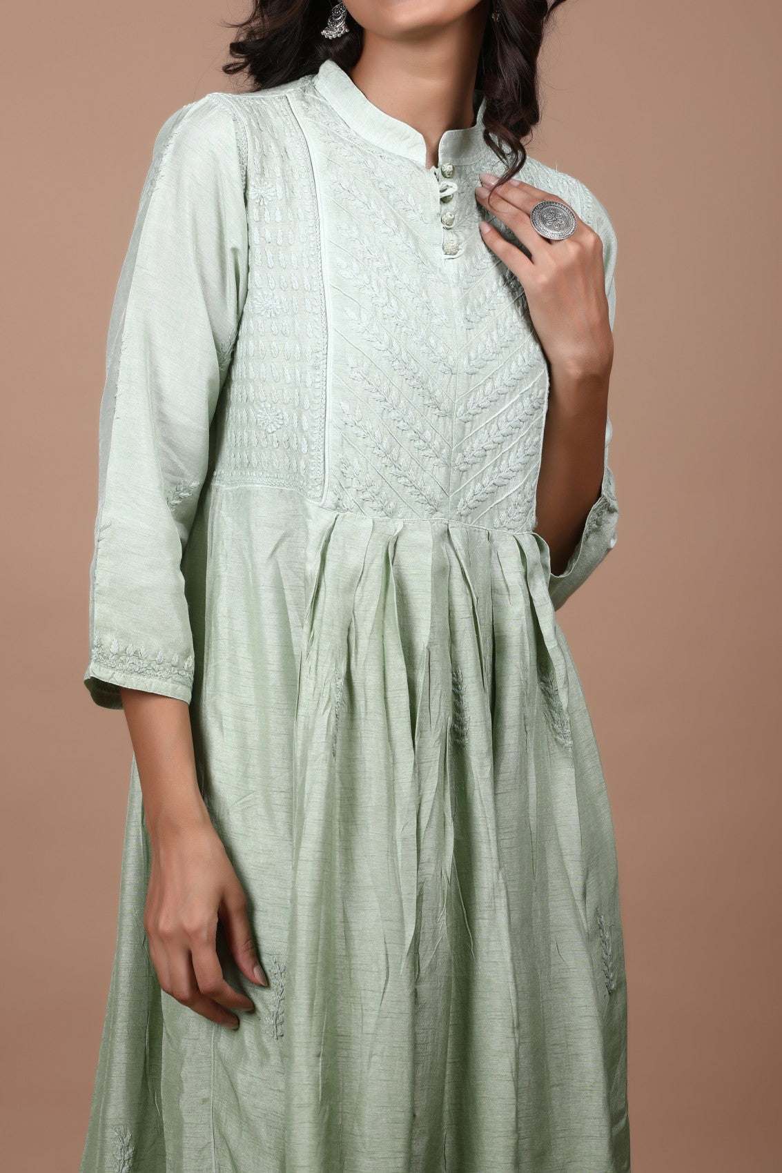 Ada Hand Embroidered Pista Green Chanderi Lucknowi Chikankari A-Line Kurta 01A278811