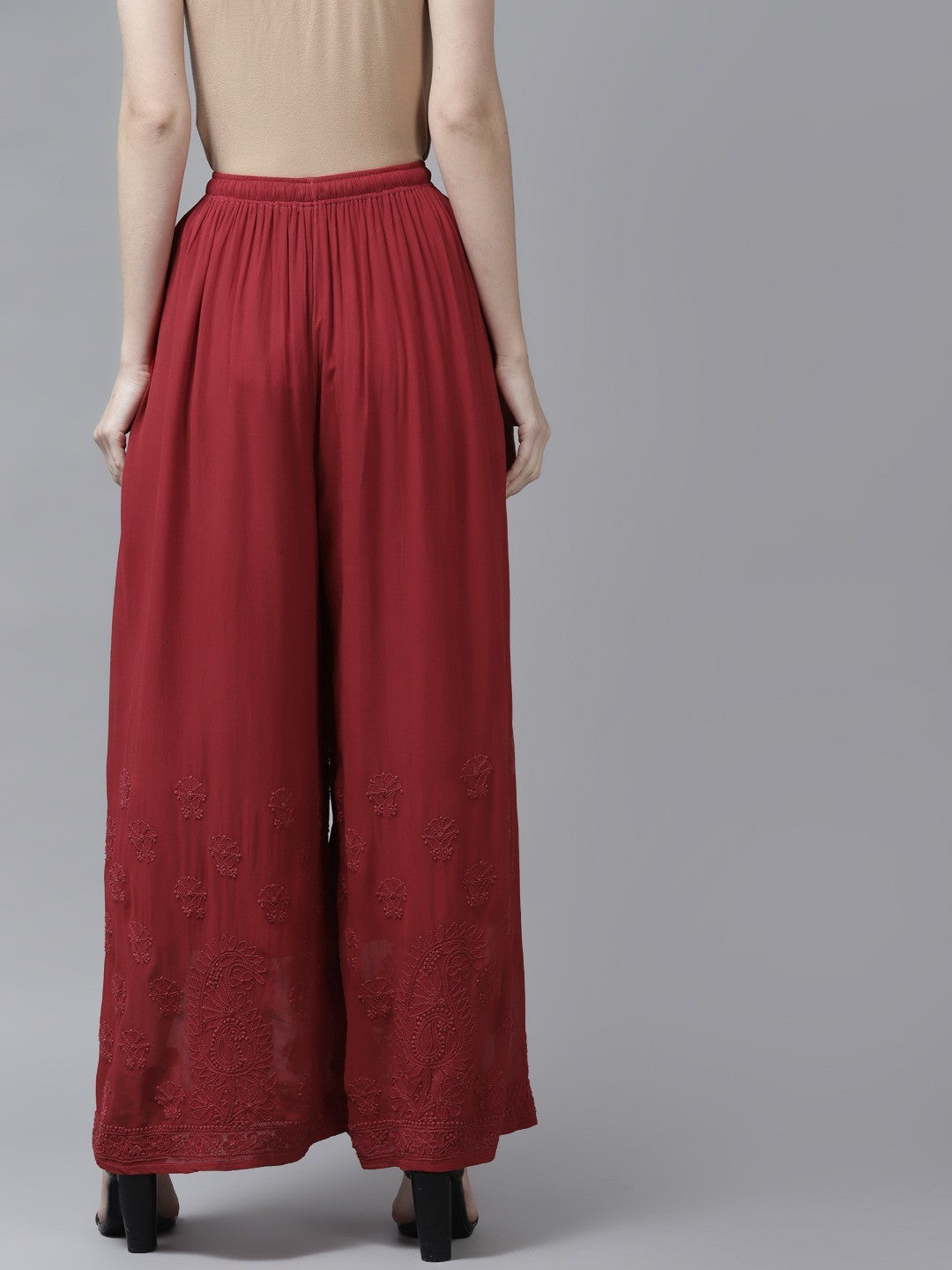 Ada Hand Embroidered Red Viscose Georgette Lucknowi Chikankari Palazzo A711157