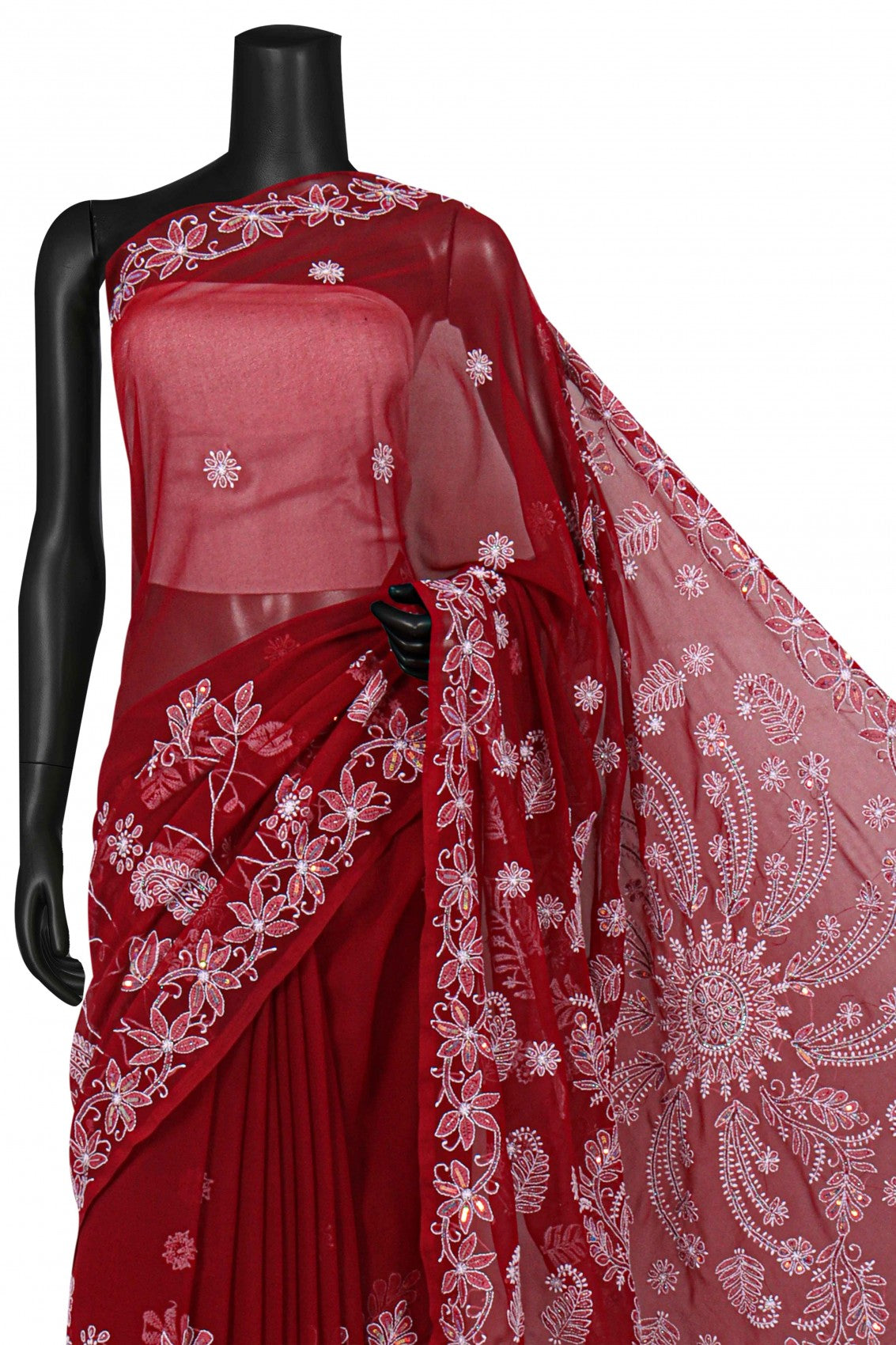 Ada Hand Embroidered Maroon Georgette Lucknowi Chikankari Saree/Blouse With Cutdana Work 01A194048