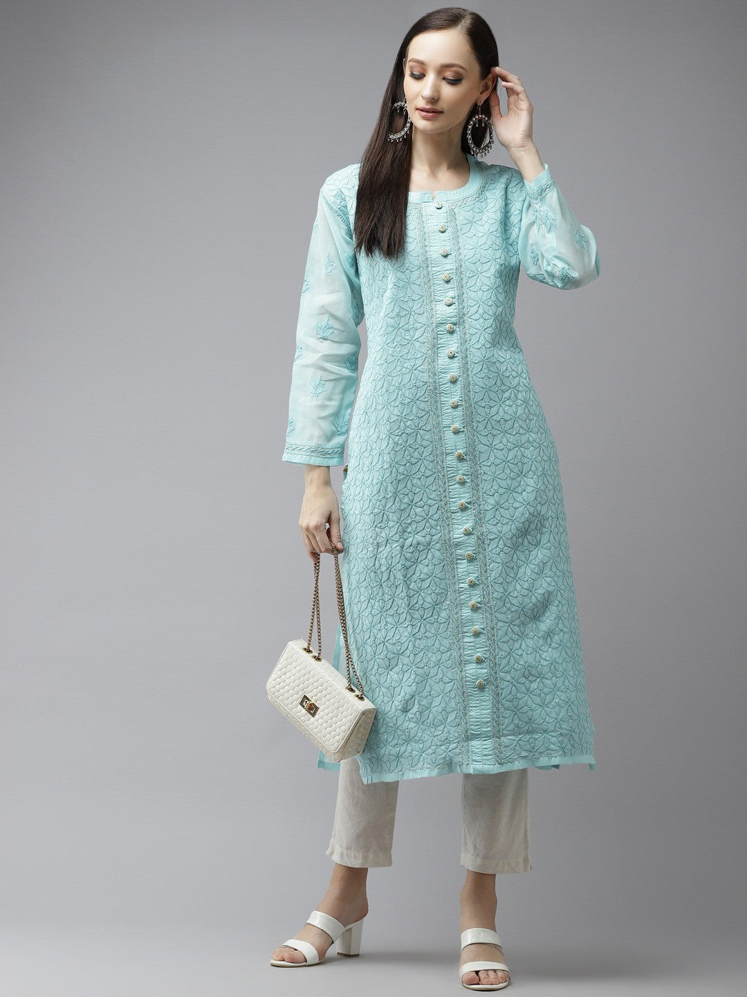 Ada Hand Embroidered Blue Cotton Lucknow Chikan Straight Kurta A411316