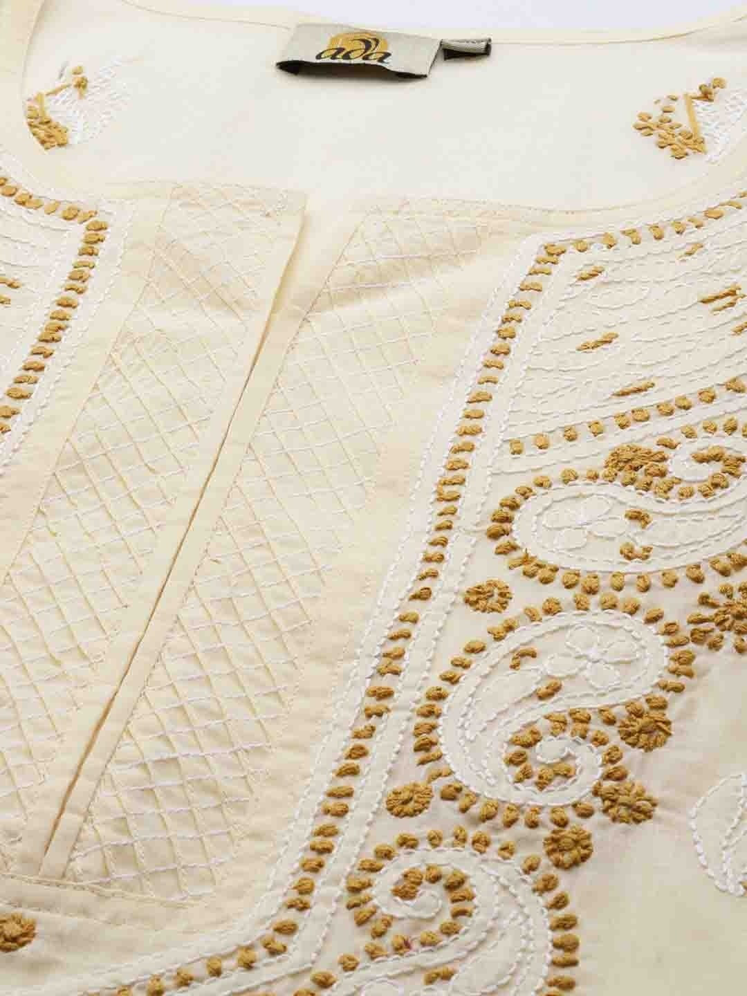 Ada Hand Embroidered Cream Cotton Lucknow Chikan Straight Kurta A411182