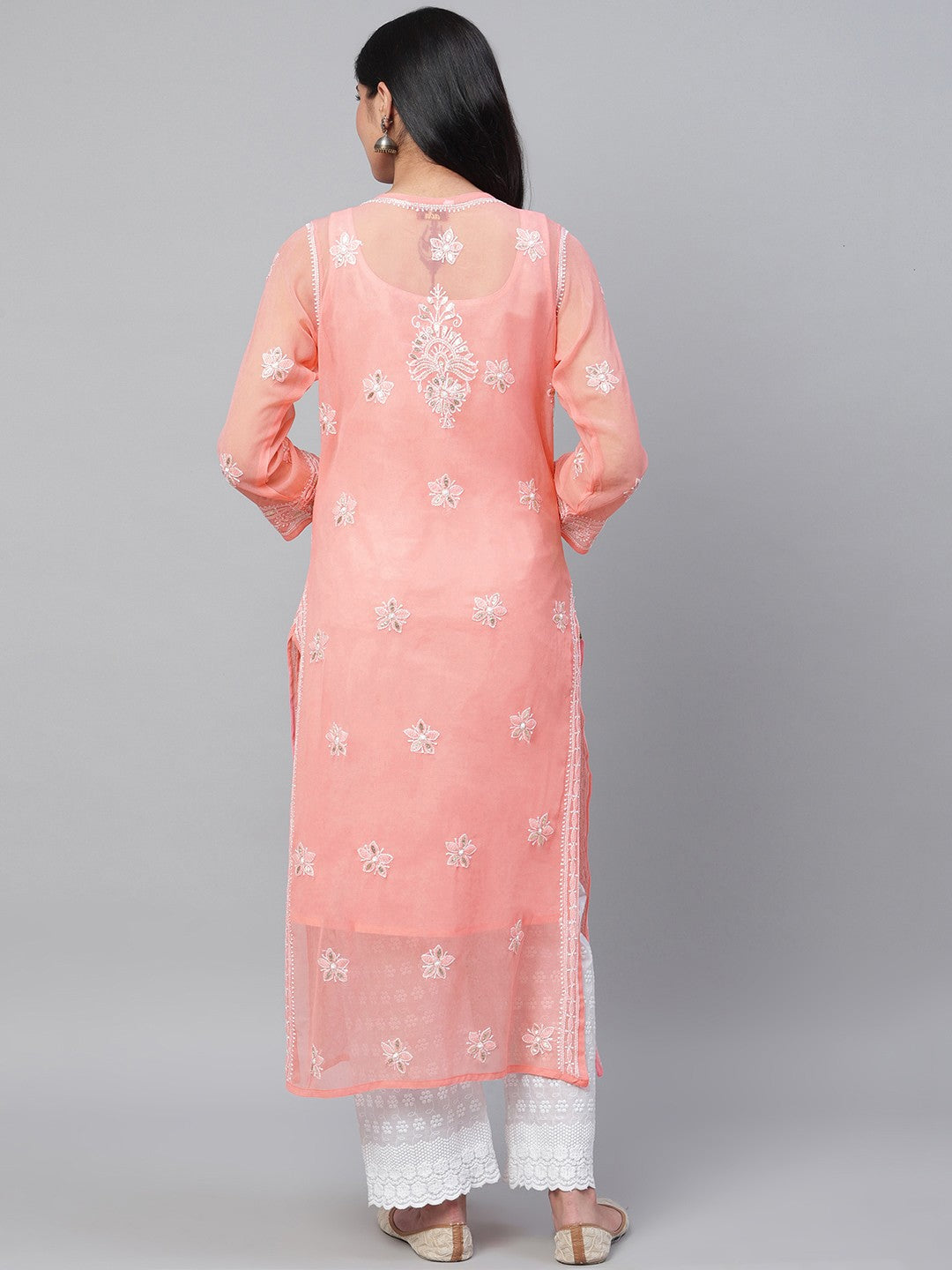 Ada Hand Embroidered Peach Georgette Lucknow Chikan Straight Kurta/Slip with Gota patti Work A411113