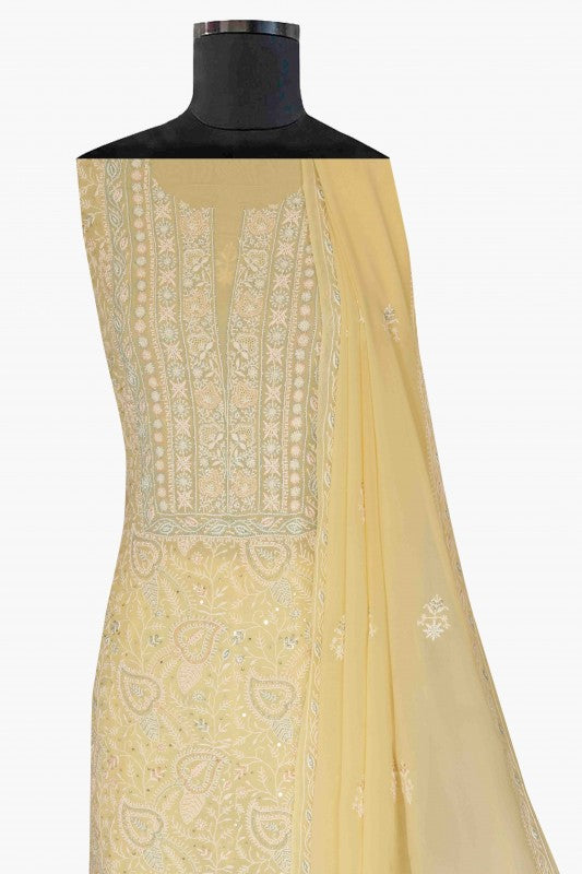 Ada Hand Embroidered Cream Pure Georgette Lucknowi Chikan Unstitched Kurta Dupatta Set With Pearl & Sequinned Work-A610884