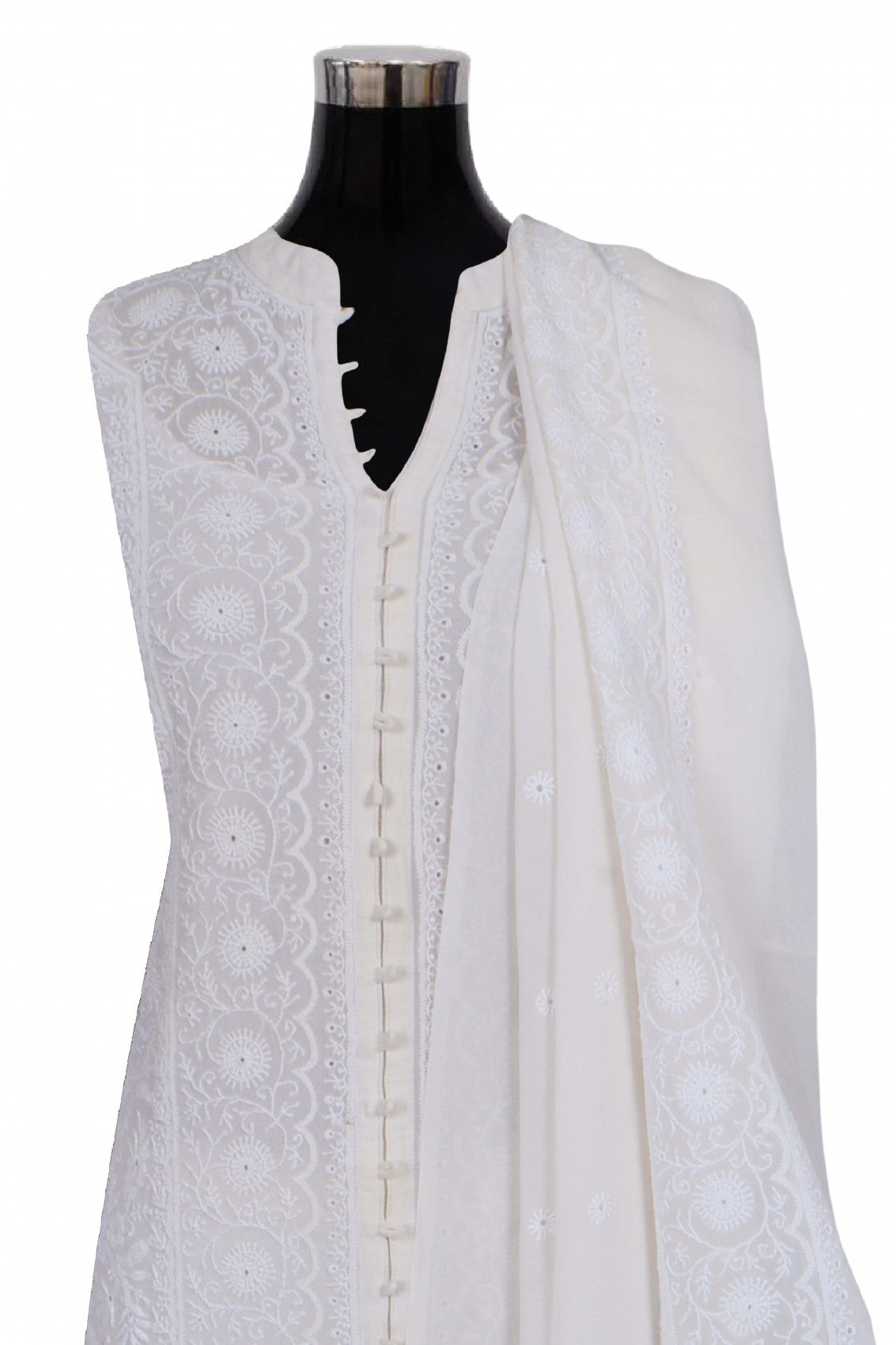 Ada Hand Embroidered Off White Pure Georgette Lucknowi Chikankari Semi stitched Kurta Dupatta Set A484754