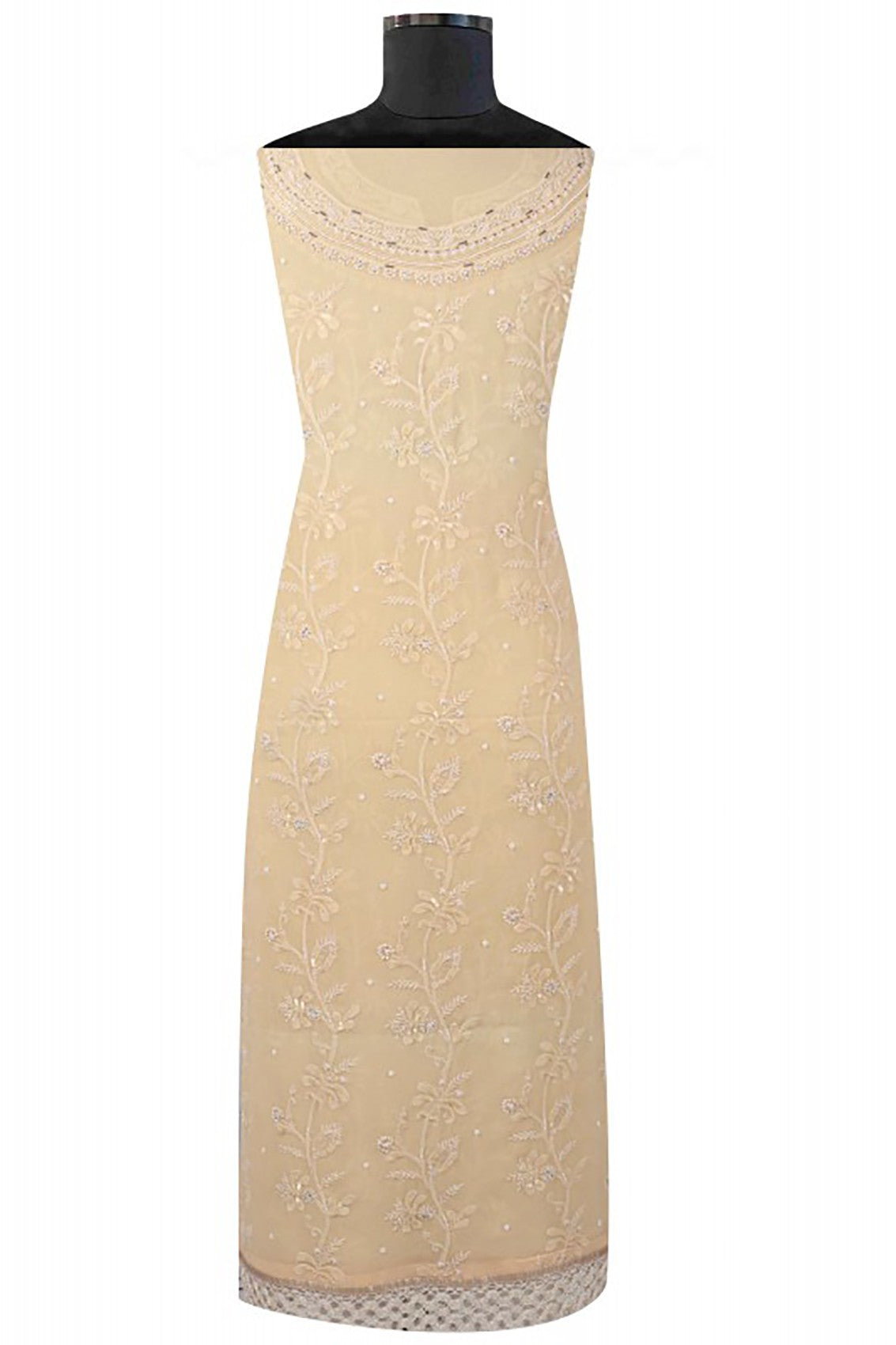 Ada Hand Embroidered Fawn Pure Georgette Lucknowi Chikankari Unstitched Suit Piece With Pearl Work A58116
