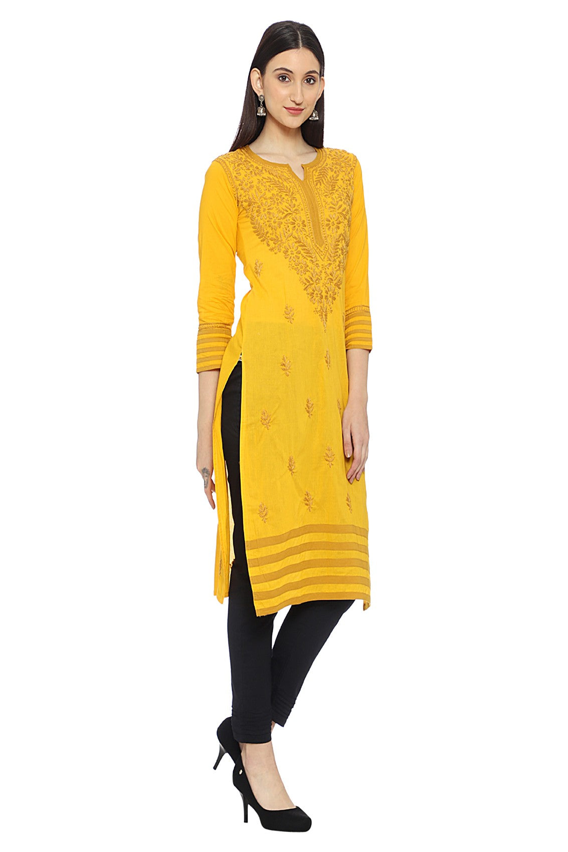 Ada Hand Embroidered Mustard/Black Cotton Lucknowi Chikankari Kurta Set A811222
