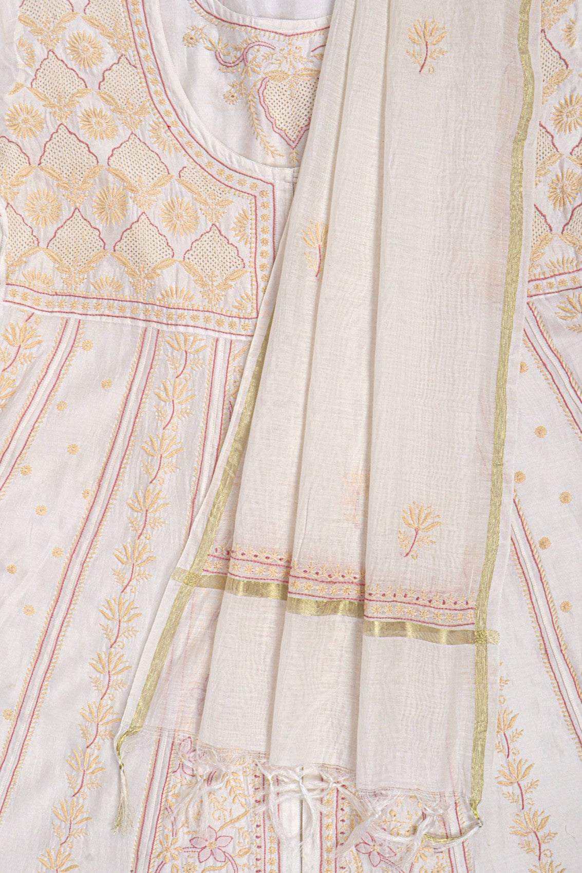 Ada Hand Embroidered Cream Chanderi Lucknowi Chikankari Semi-Stitched Anarkali Kurta Dupatta Set 01A223202