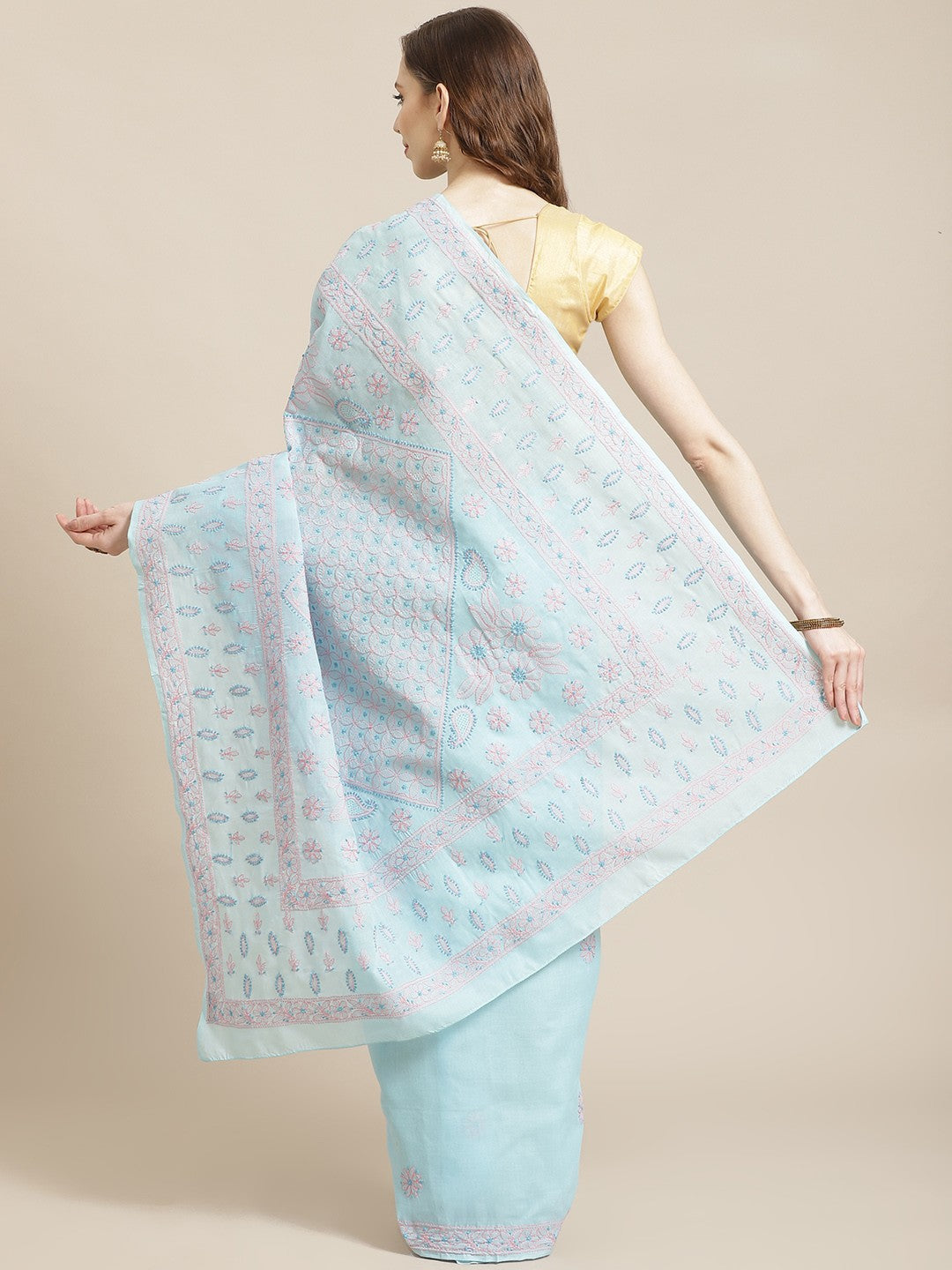 Ada Hand Embroidered Blue Cotton Lucknow Chikan Saree With Blouse-A311210