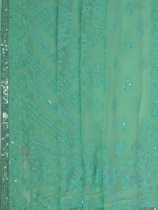 Ada Hand Embroidered Mint Green Georgette Lucknowi Chikankari Saree/Blouse With Pearl Work 01A138520