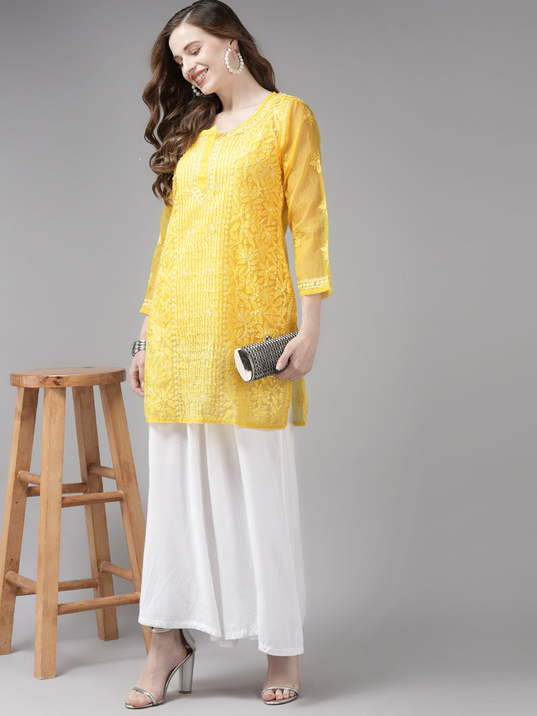 Ada Hand Embroidered Yellow Organza Lucknow Chikan Kurti With Slip-A911162
