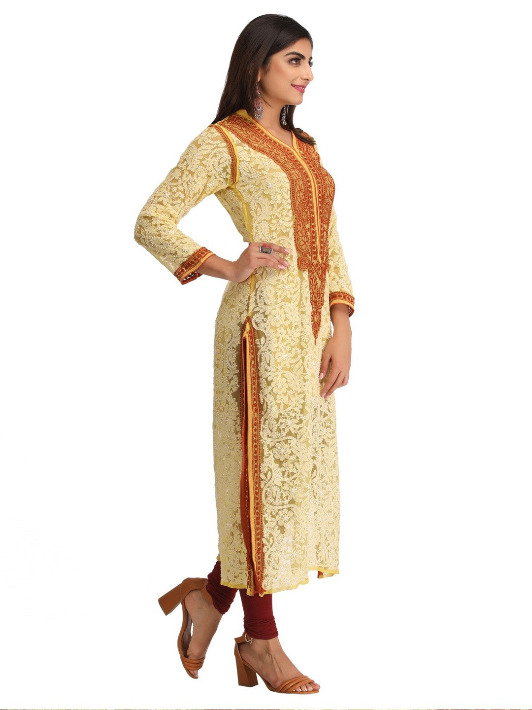Ada Hand Embroidered Yellow Georgette Lucknowi Chikankari Staright Kurta A237444
