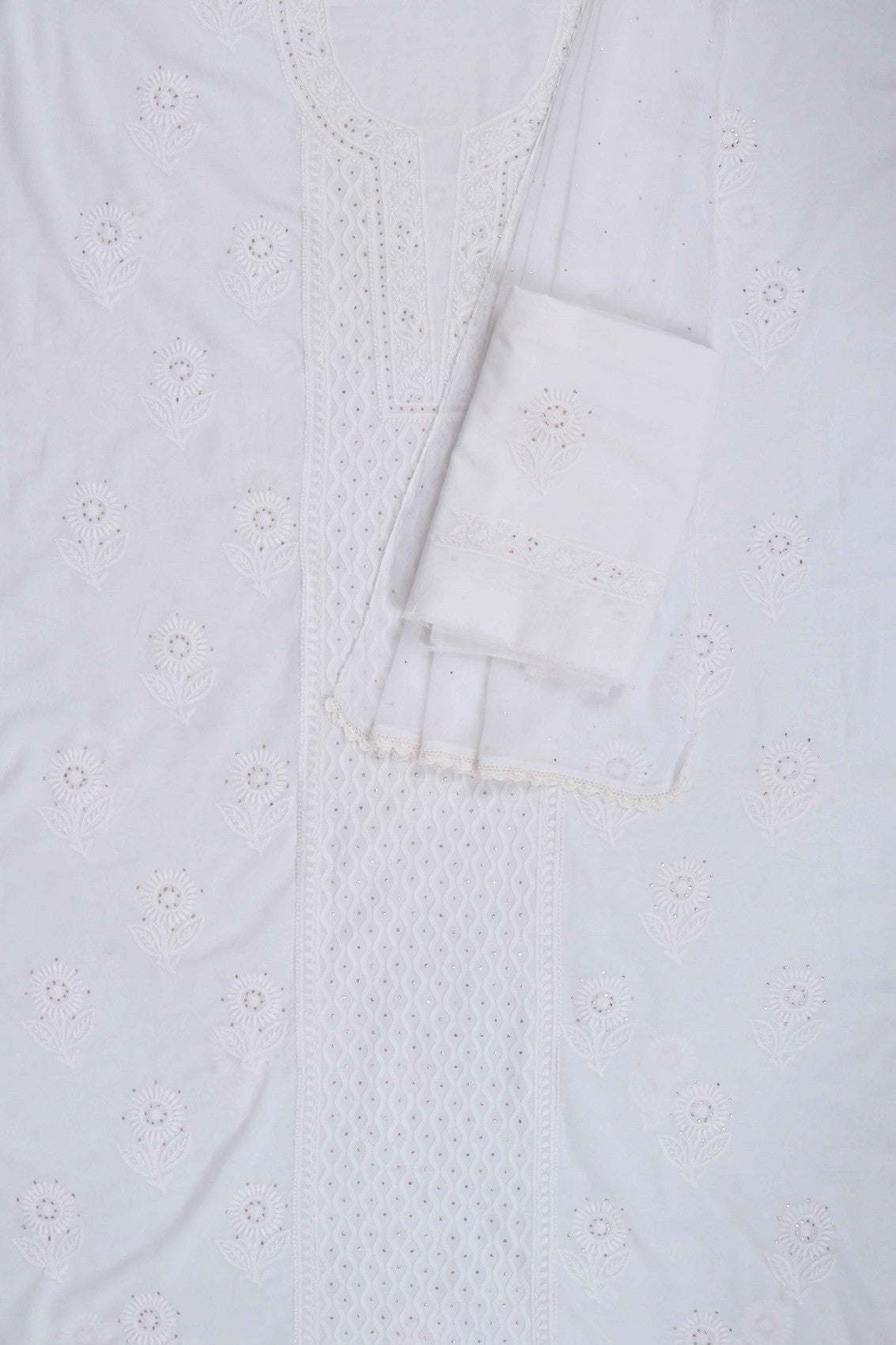 Ada Hand Embroidered White Cotton Lucknowi Chikankari Unstitched Suit Piece With Muqaish Work 01A259997