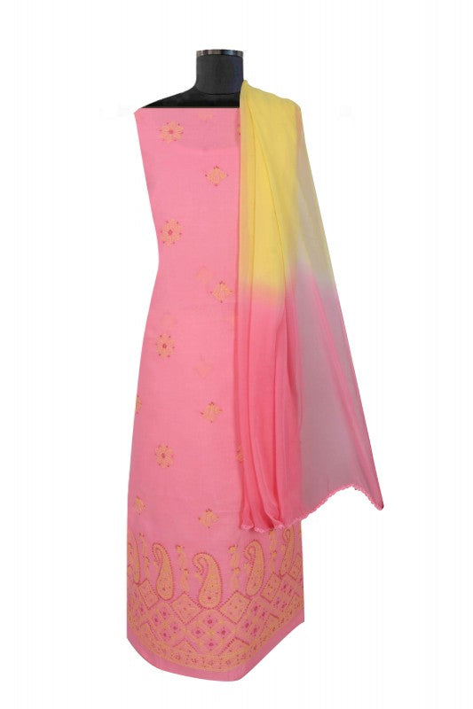 Ada Hand Embroidered Coral Pink Cotton Lucknowi Chikan Unstitched Suit Piece A609845