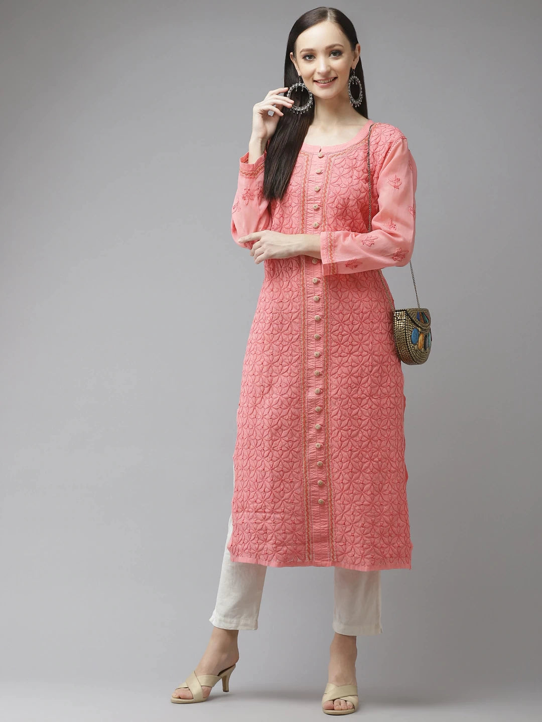 Ada Hand Embroidered Carrot Pink Cotton Lucknow Chikan Kurta A411317