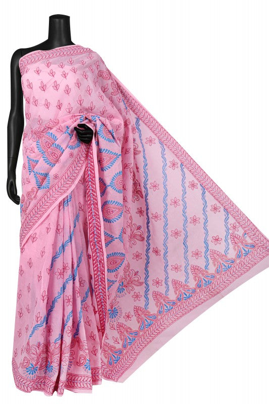 Ada Hand Embroidered Pink Cotton Lucknowi Chikankari Saree With Blouse A186039